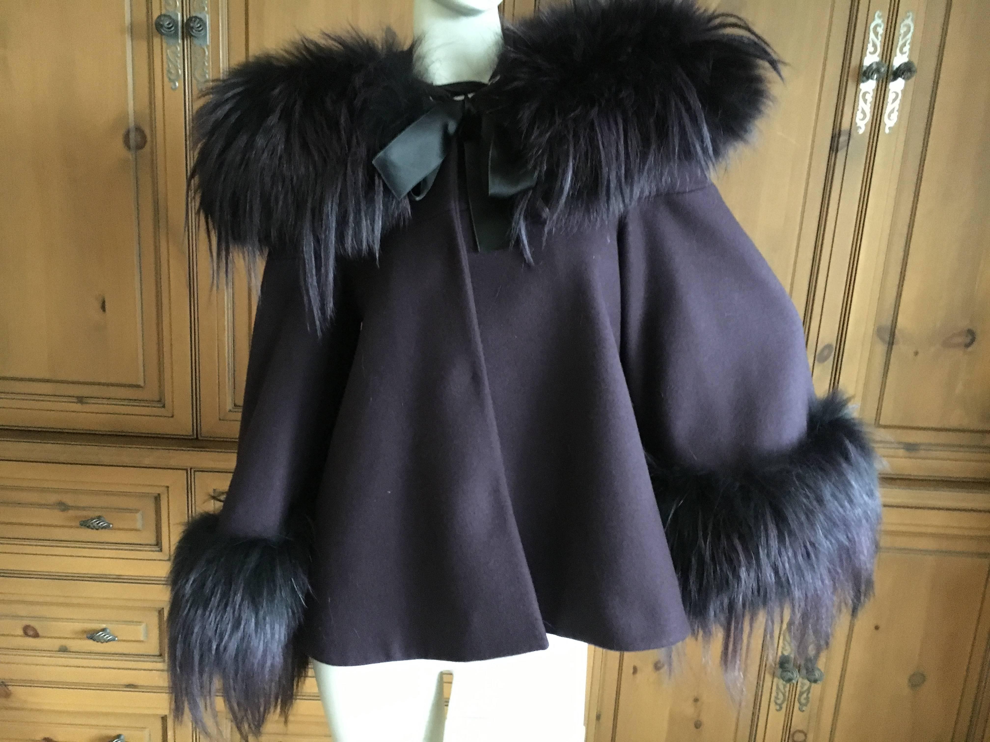 Alexander McQueen Deep Purple Swing Jacket with Fur Collar Cuffs and Hood For Sale 1