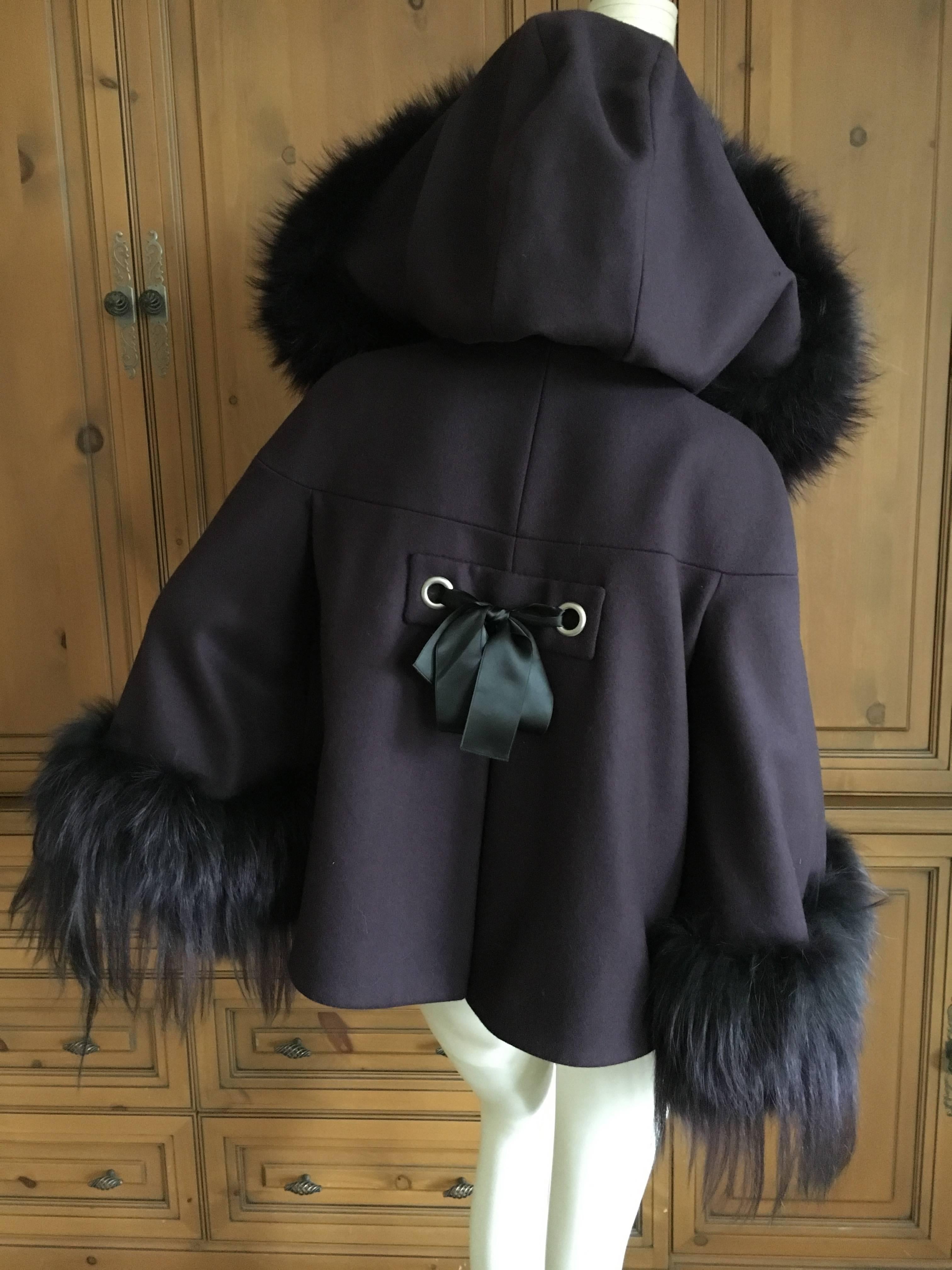 Alexander McQueen Deep Purple Swing Jacket with Fur Collar Cuffs and Hood For Sale 2