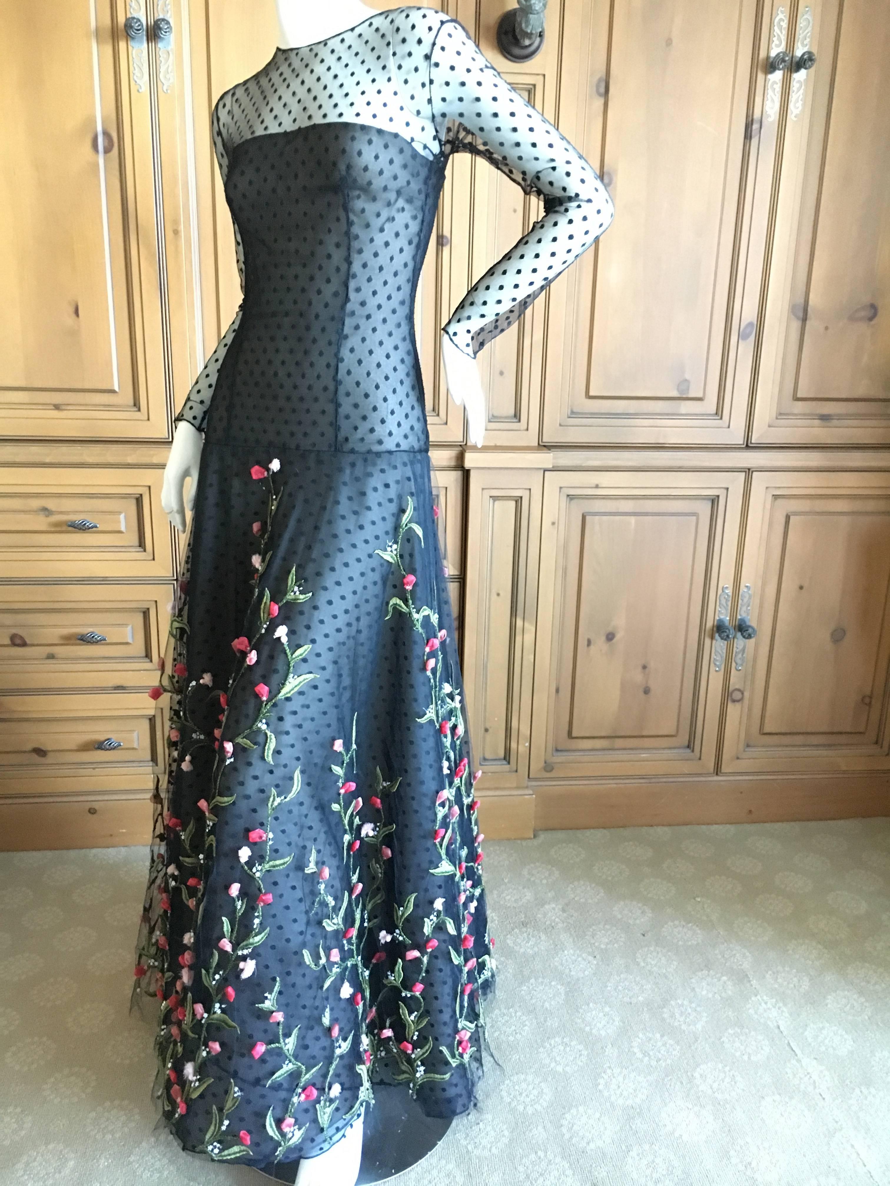 Black Oscar de la Renta Romantic Rose Floral Embellished Sheer Lace Evening Dress 