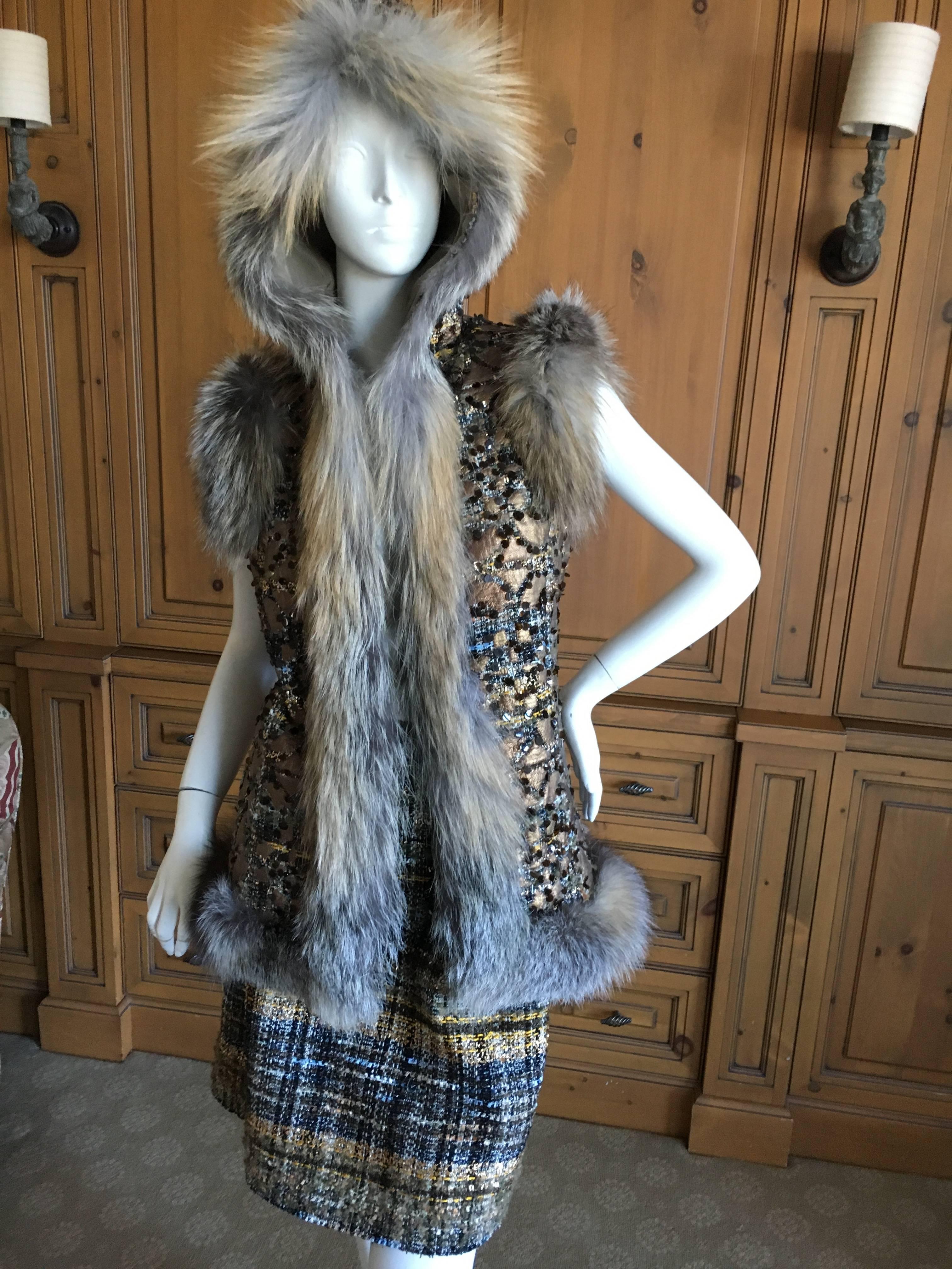 Gray Oscar de la Renta Fox Fur Trim Embellished Vest with Hood For Sale