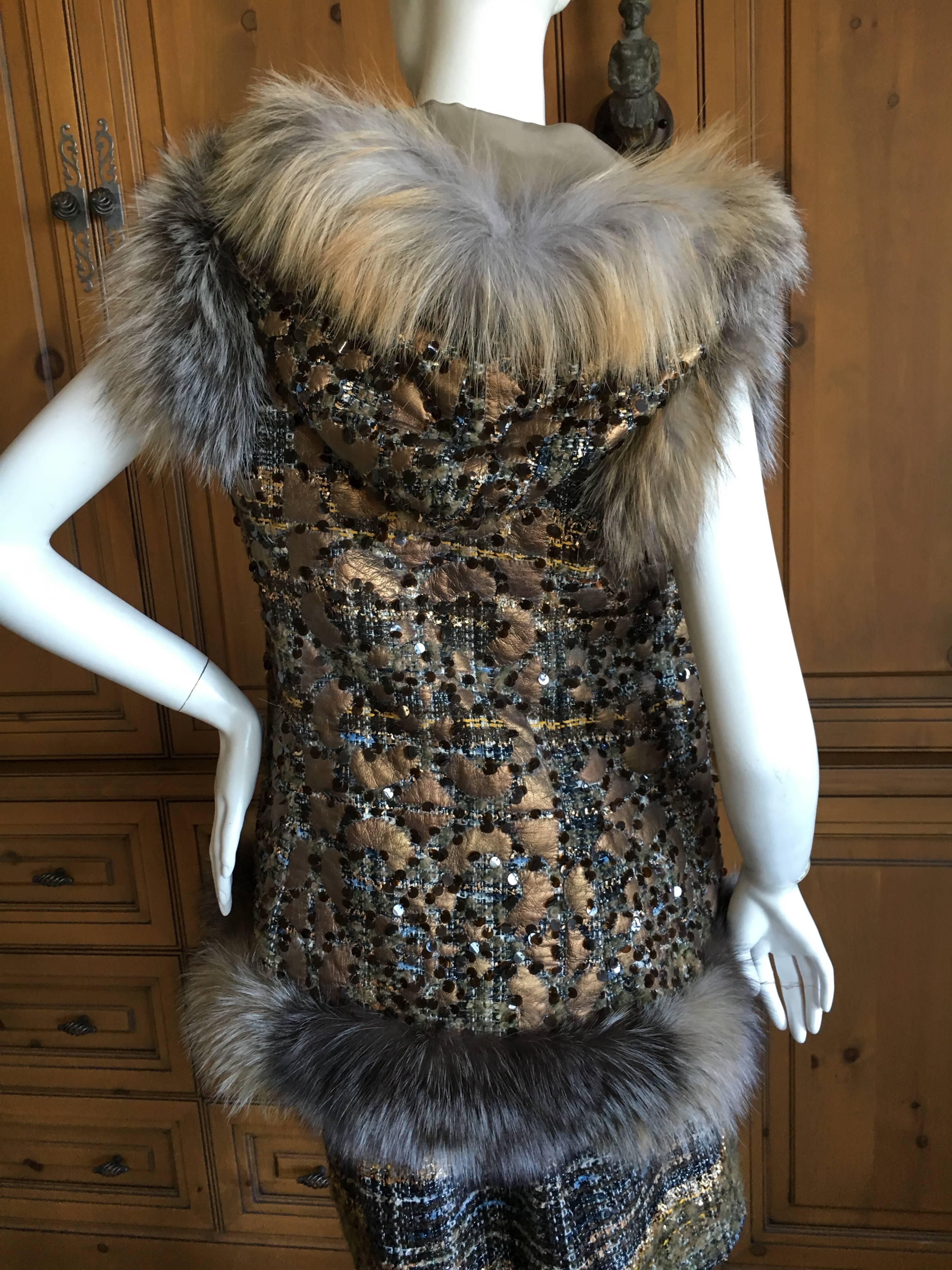 Women's Oscar de la Renta Fox Fur Trim Embellished Vest with Hood For Sale