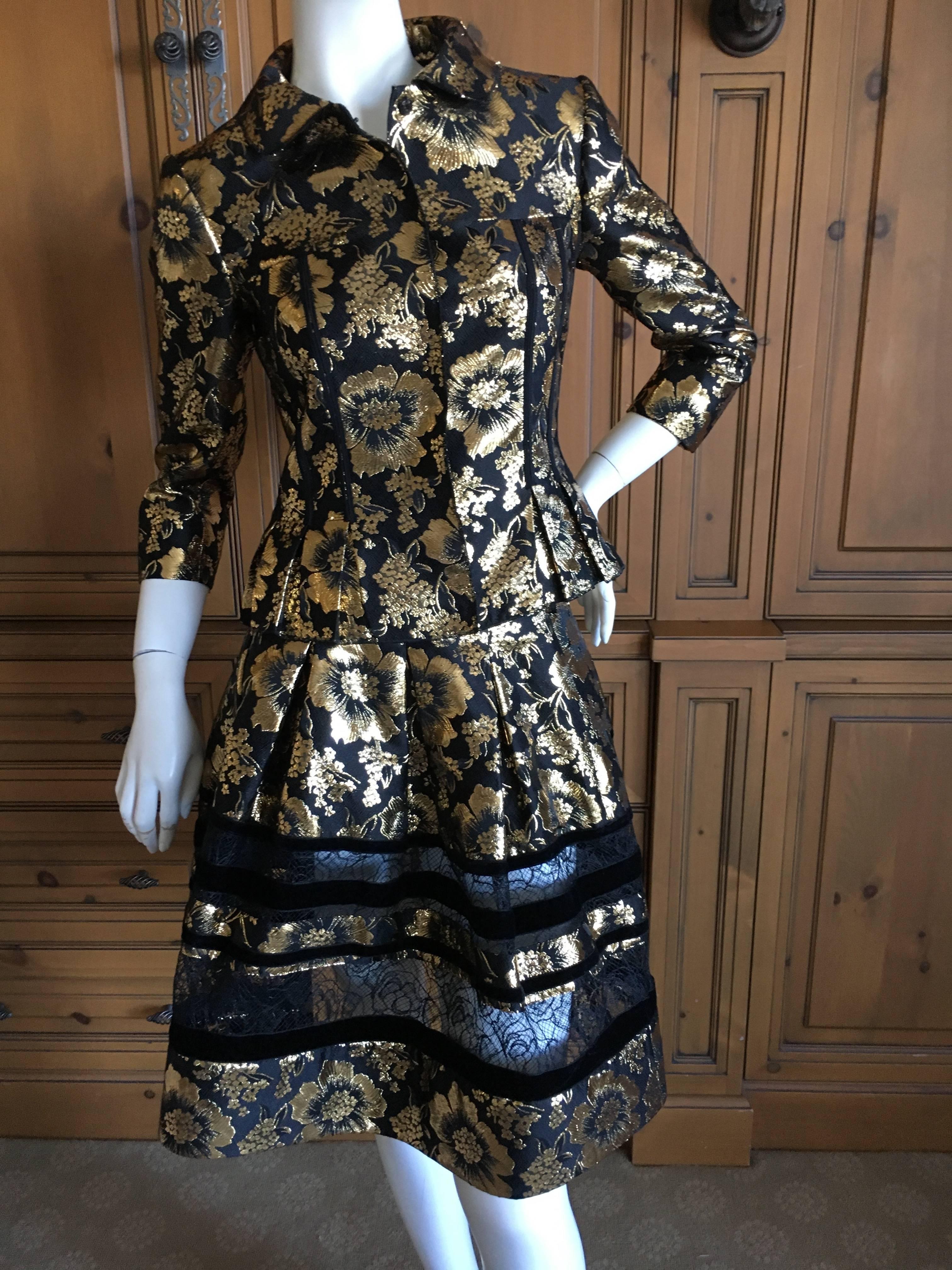 Women's Oscar de la Renta Gold and Black Floral Jacquard Skirt Suit For Sale