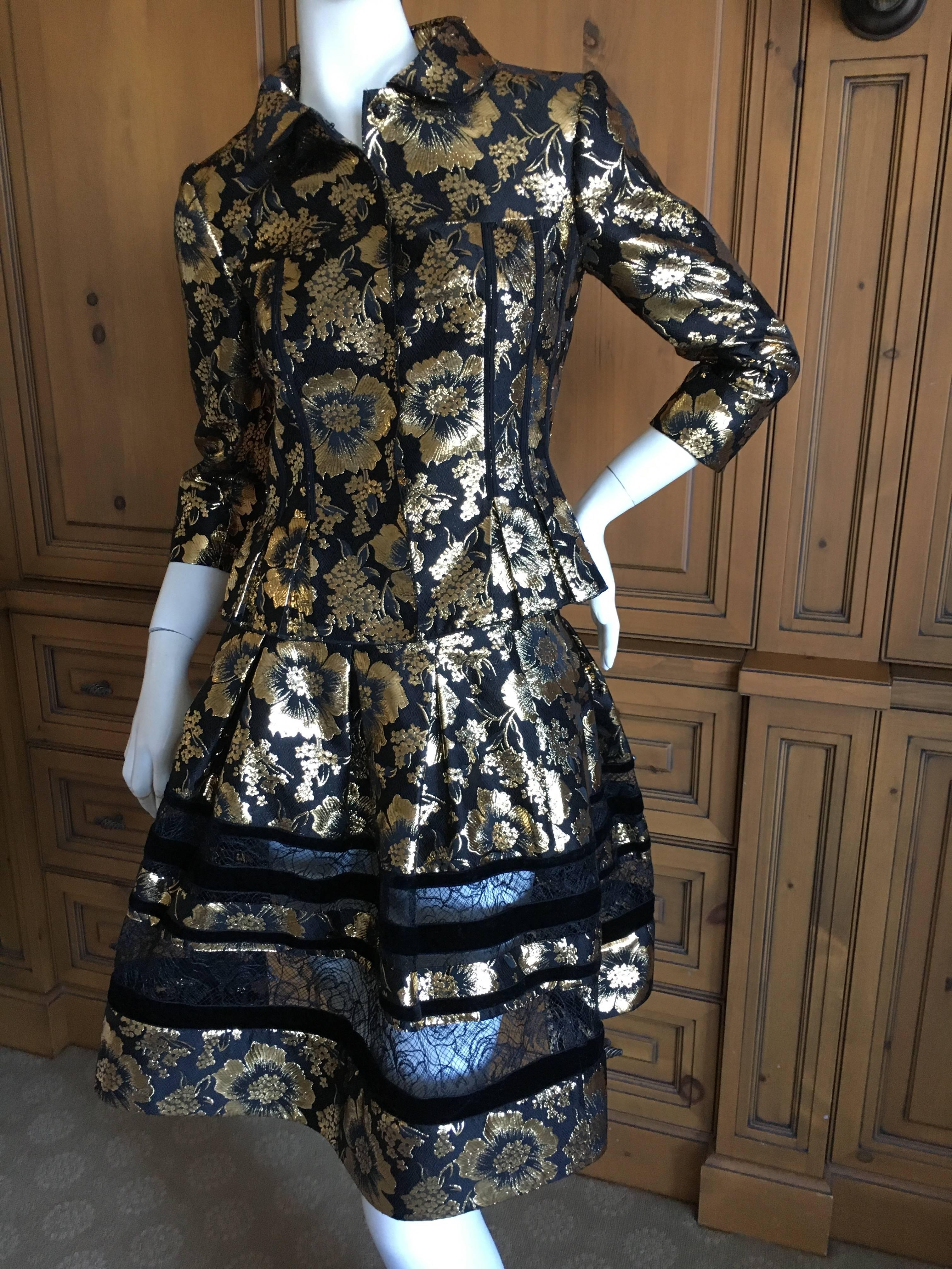 Oscar de la Renta Gold and Black Floral Jacquard Skirt Suit For Sale 1