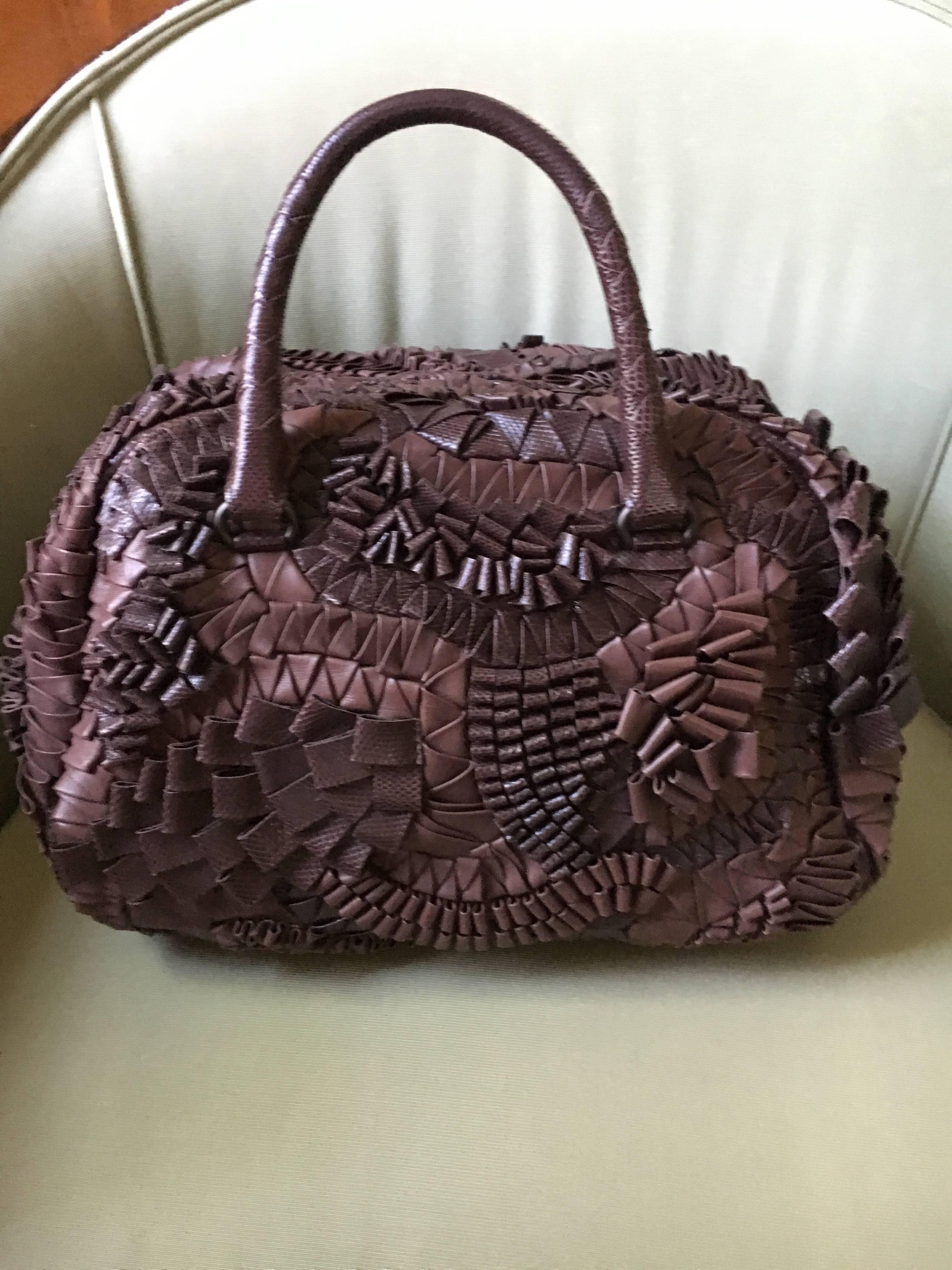 Women's Bottega Veneta Rare Limited Edition Aubergine Woven Leather and Lizard Bag For Sale