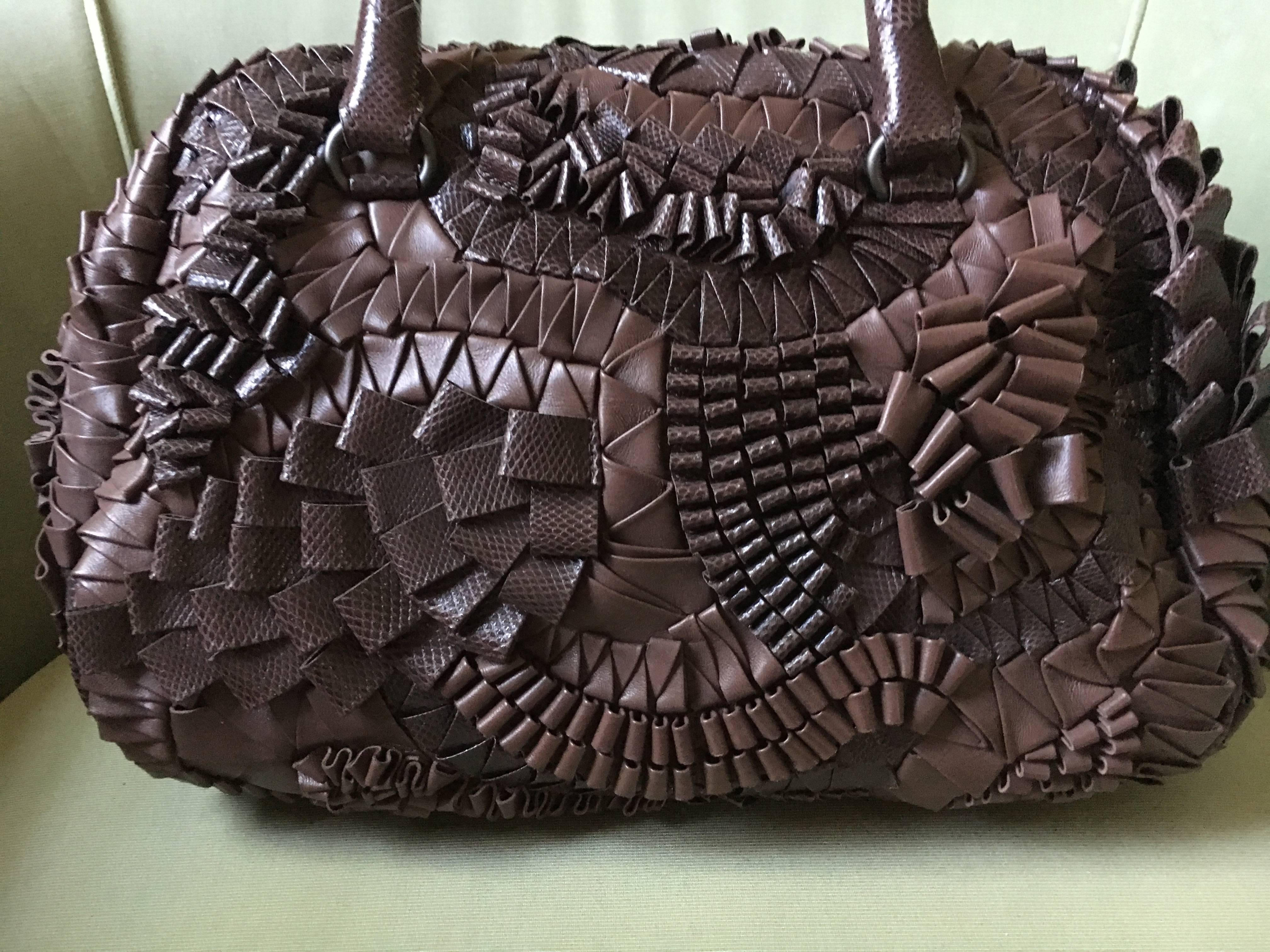 Bottega Veneta Rare Limited Edition Aubergine Woven Leather and Lizard Bag For Sale 1