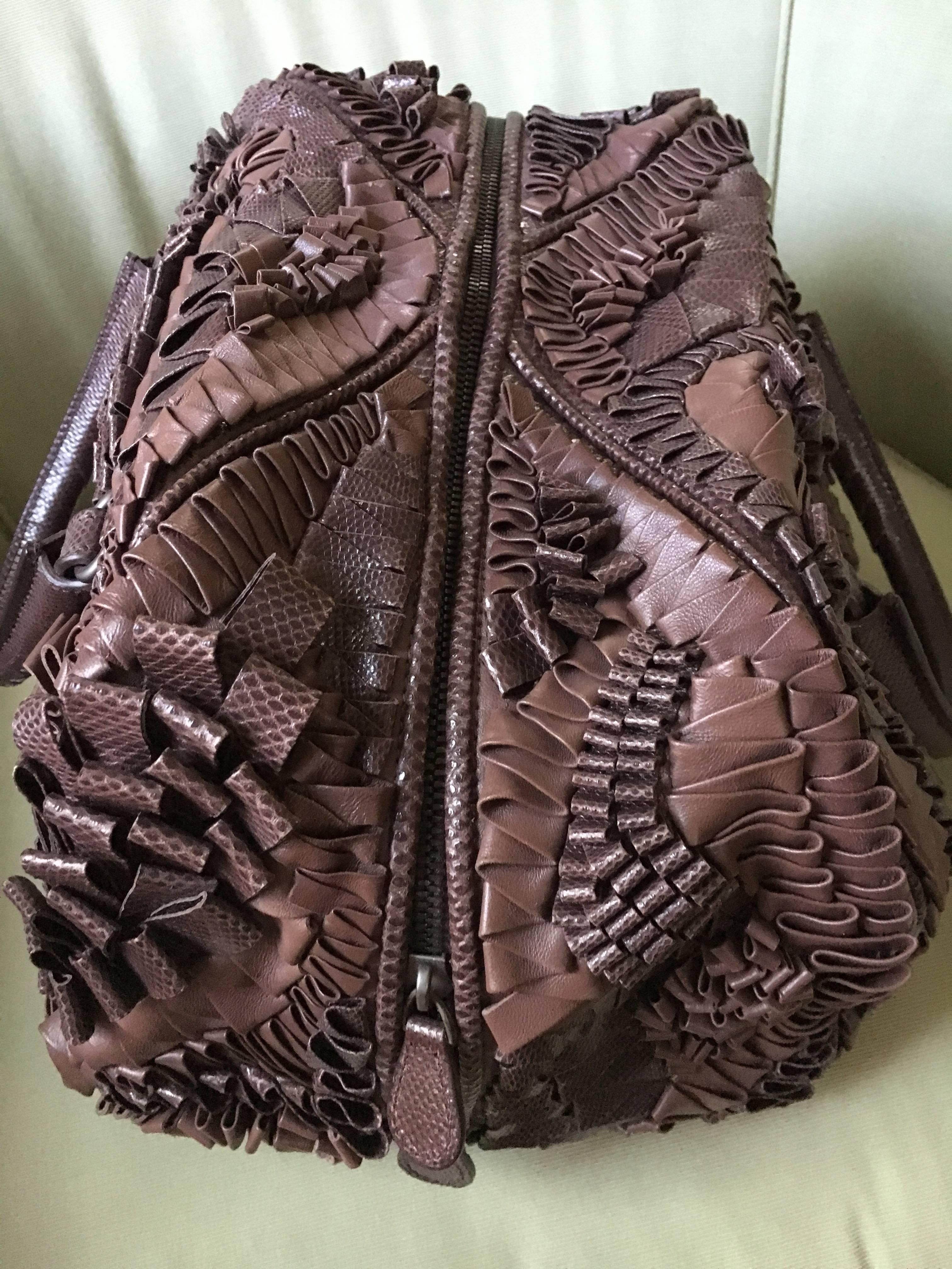 Bottega Veneta Rare Limited Edition Aubergine Woven Leather and Lizard Bag For Sale 2