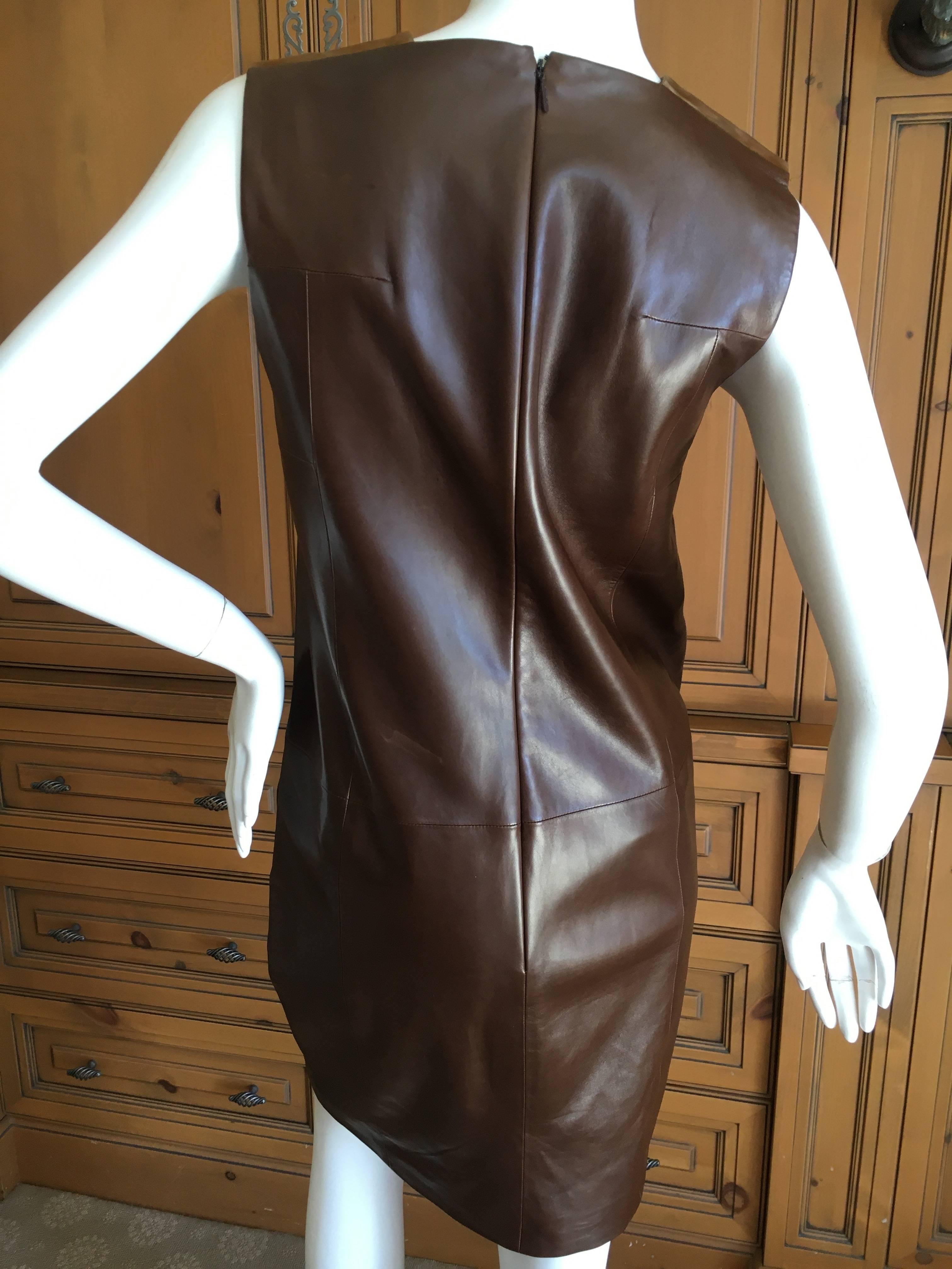 Black Gucci Brown and Gold Leather Sleeveless Shift Dress with Fur Trim For Sale