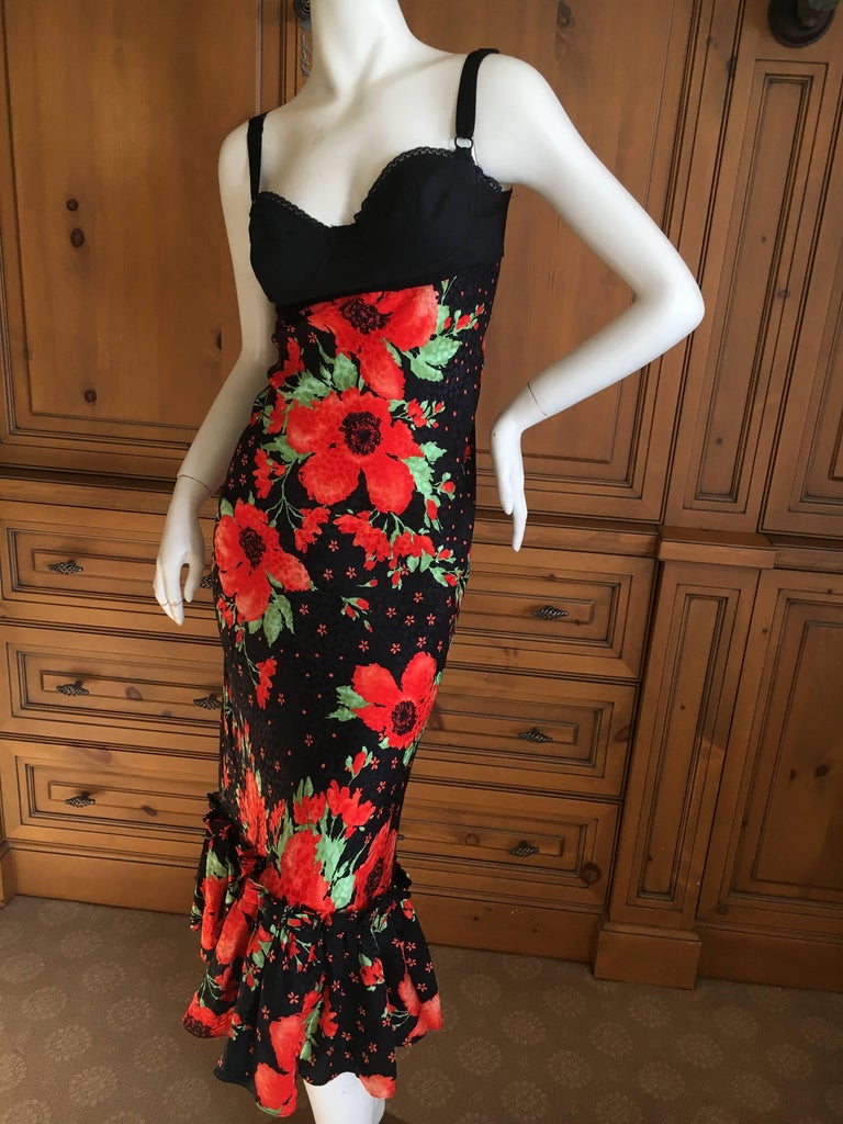 D&G Dolce and Gabbana Vintage Poppy Print Silk Tea Length Dress with ...