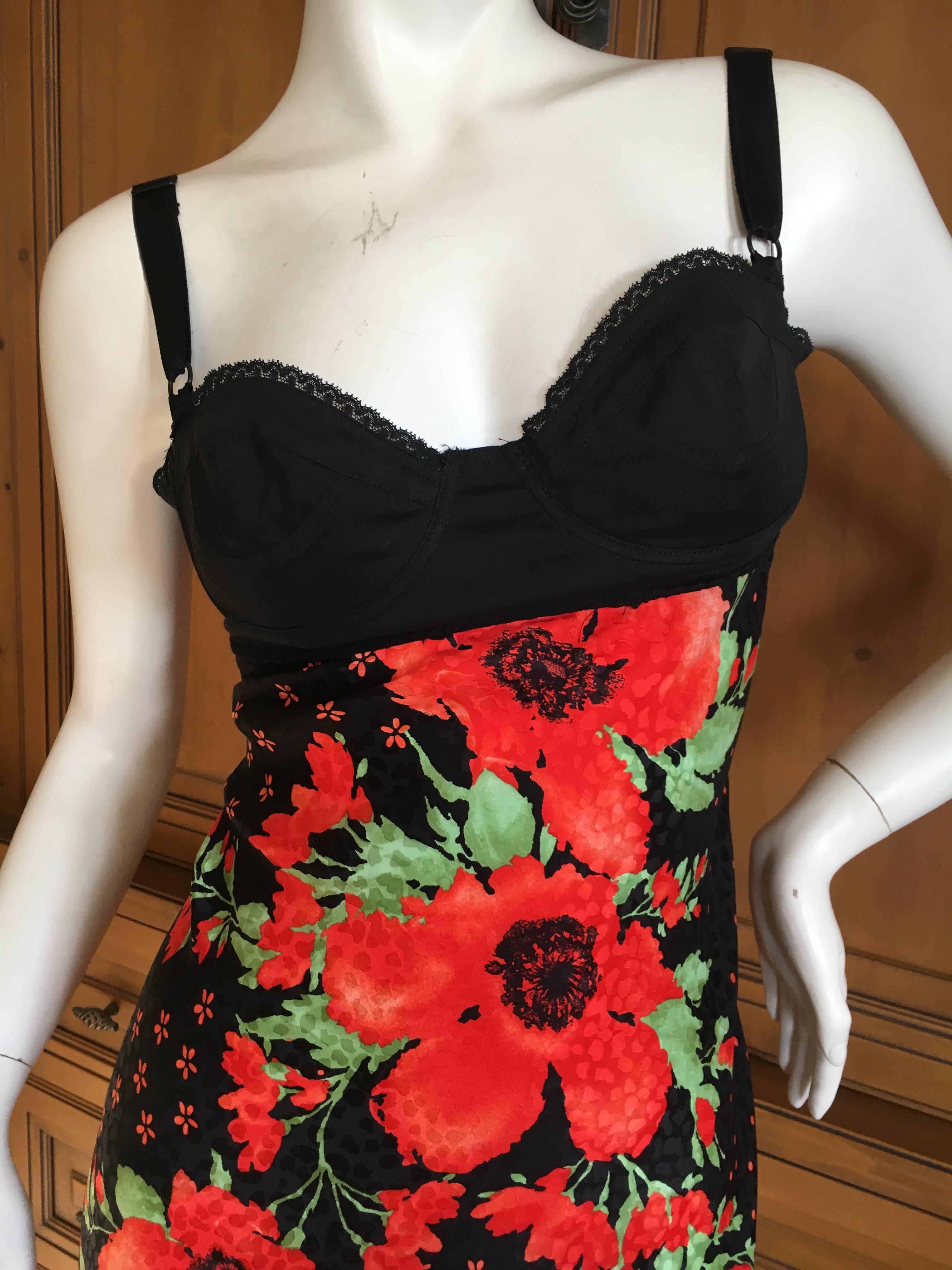 Black D&G Dolce & Gabbana  Vintage Poppy Print Silk Tea Length Dress with Ruffle Hem