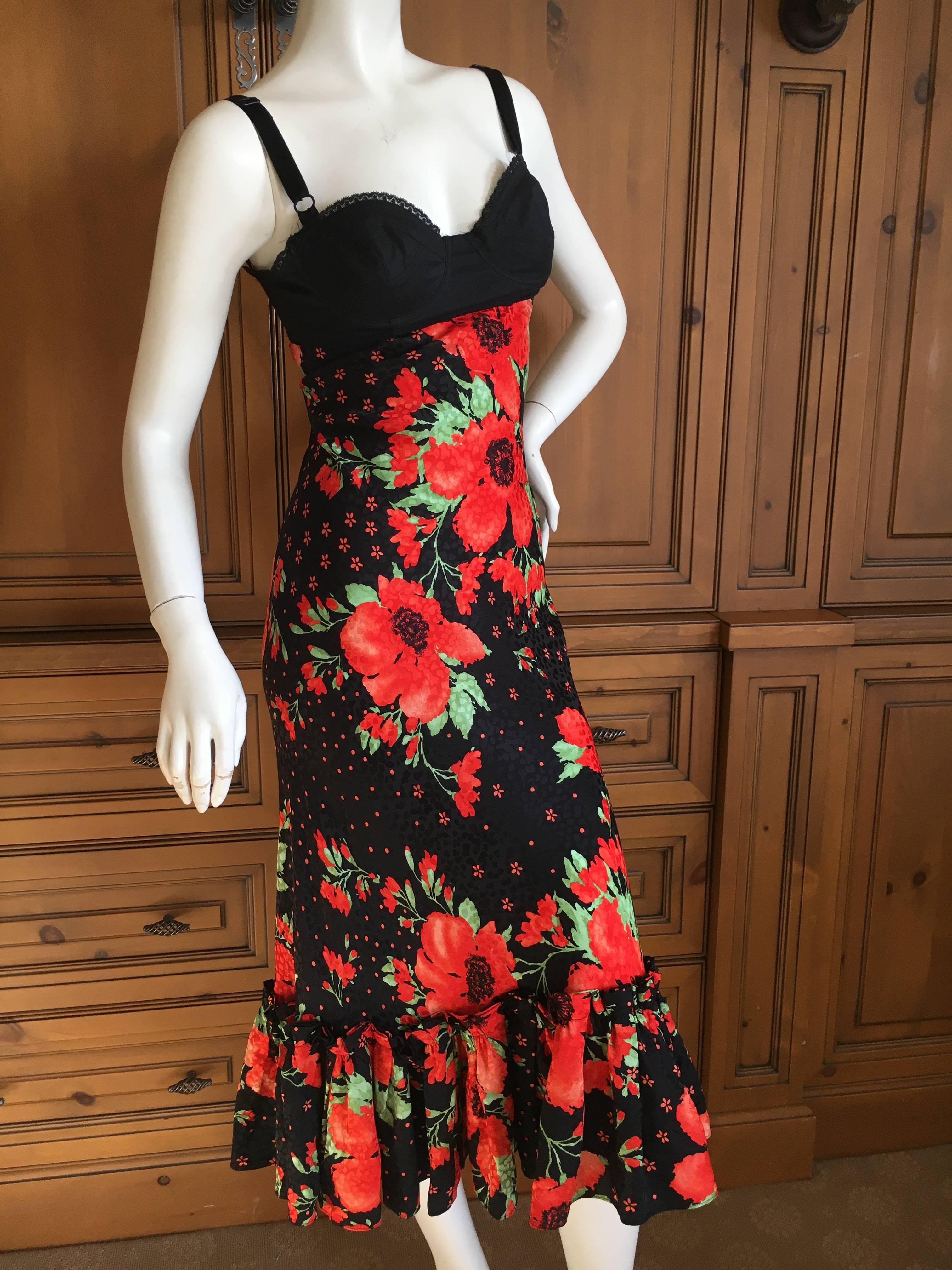 D&G Dolce & Gabbana  Vintage Poppy Print Silk Tea Length Dress with Ruffle Hem In Excellent Condition In Cloverdale, CA