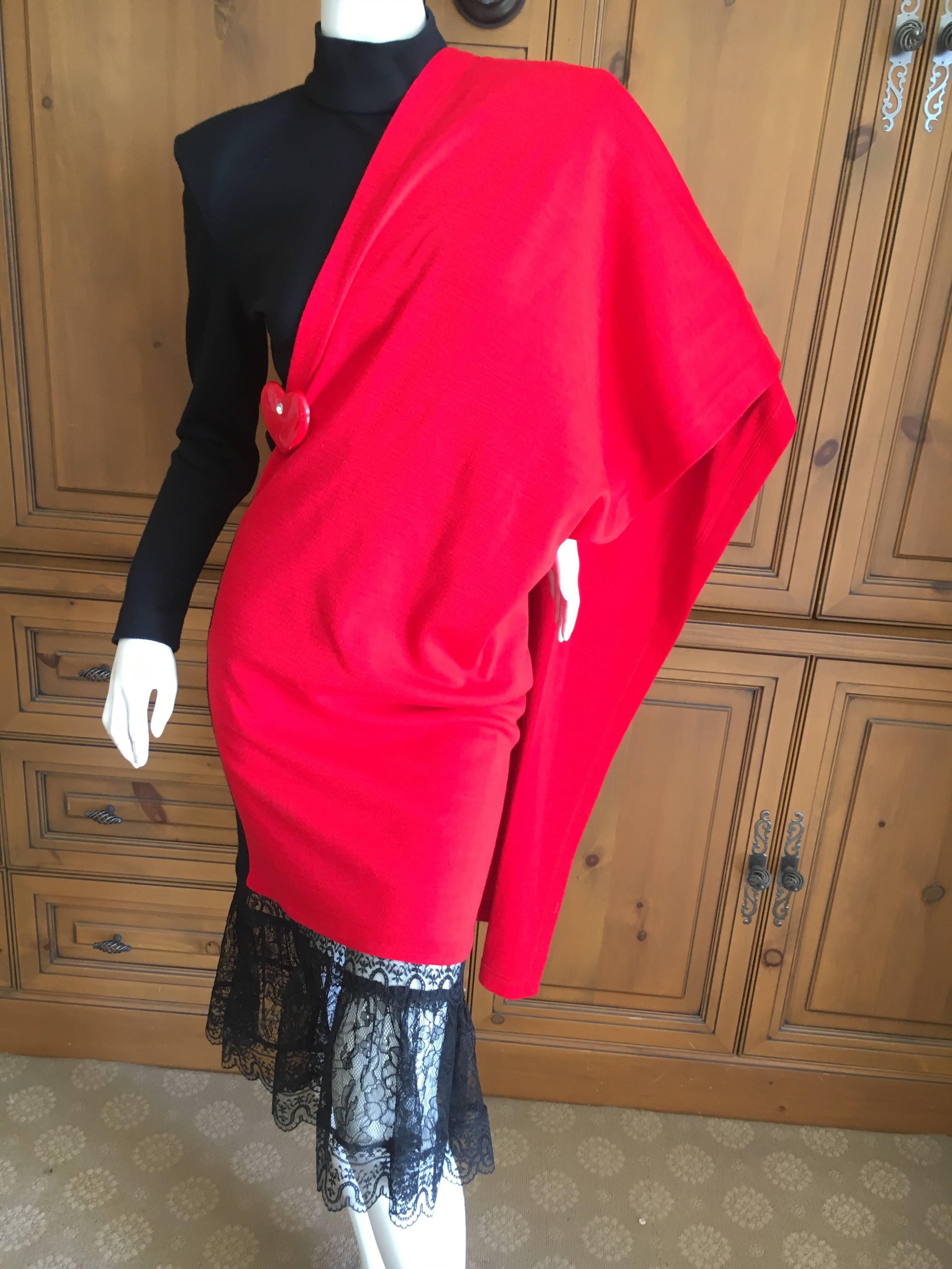 Patrick Kelly Paris Vintage Black Dress with Heart Charm and Red Sash Cape In Excellent Condition For Sale In Cloverdale, CA