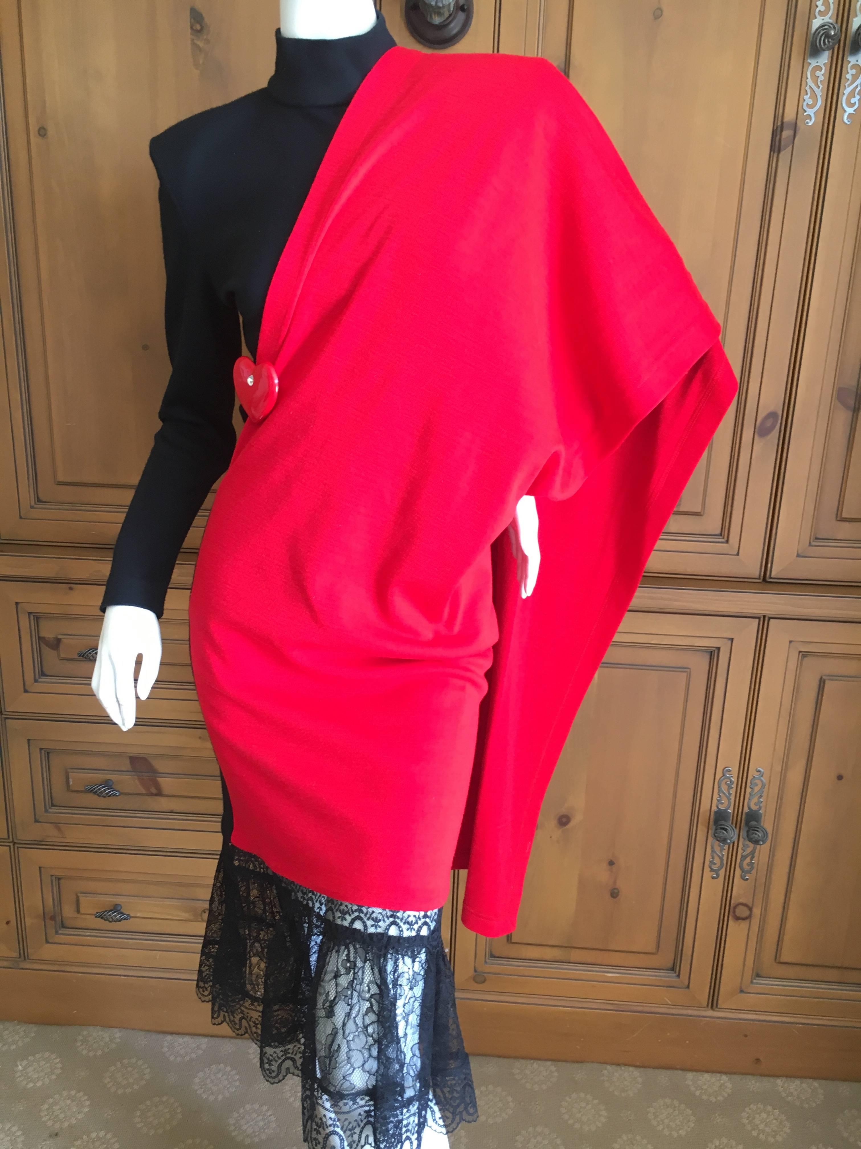Women's Patrick Kelly Paris Vintage Black Dress with Heart Charm and Red Sash Cape For Sale