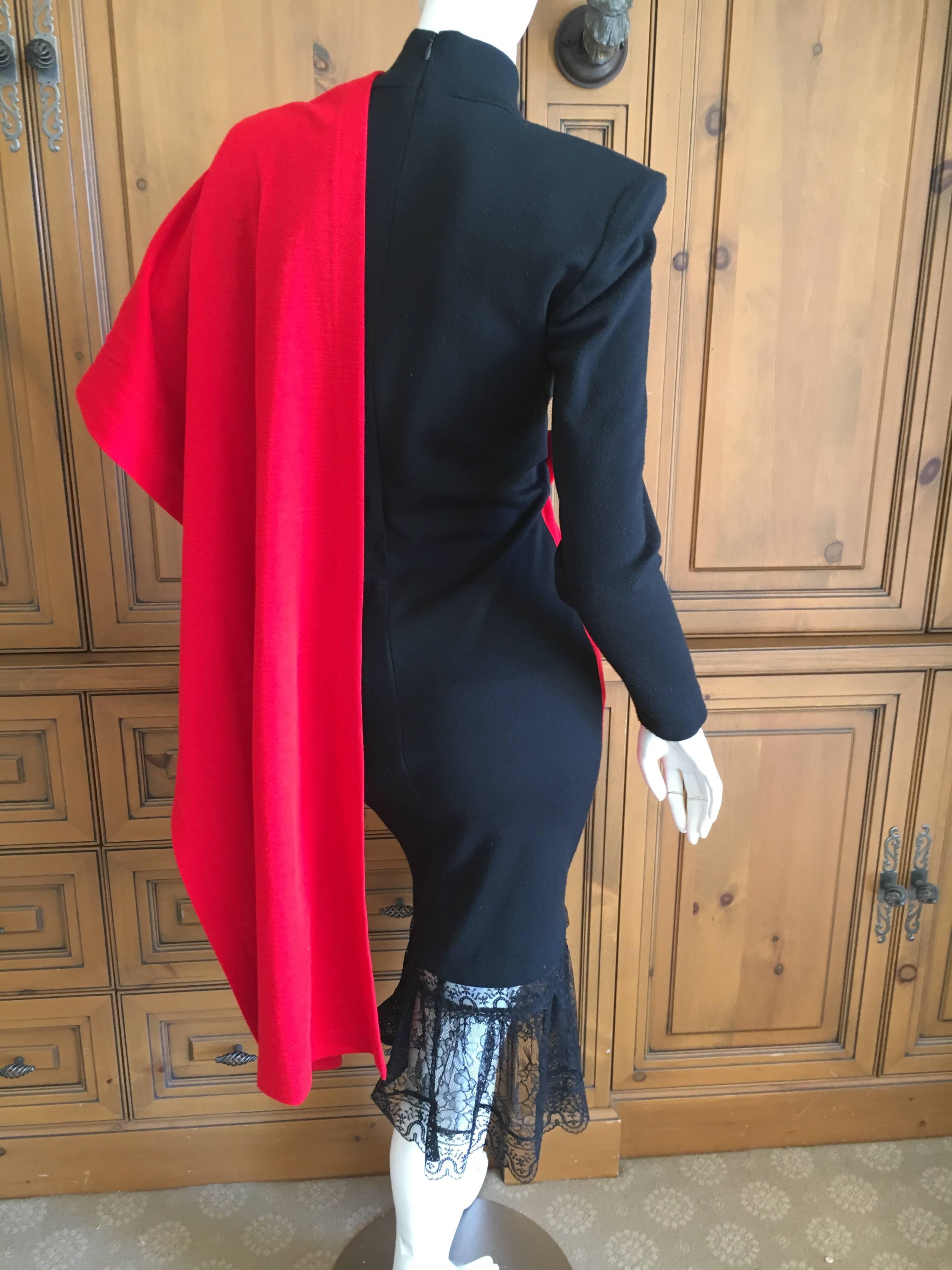 Patrick Kelly Paris Vintage Black Dress with Heart Charm and Red Sash Cape For Sale 1