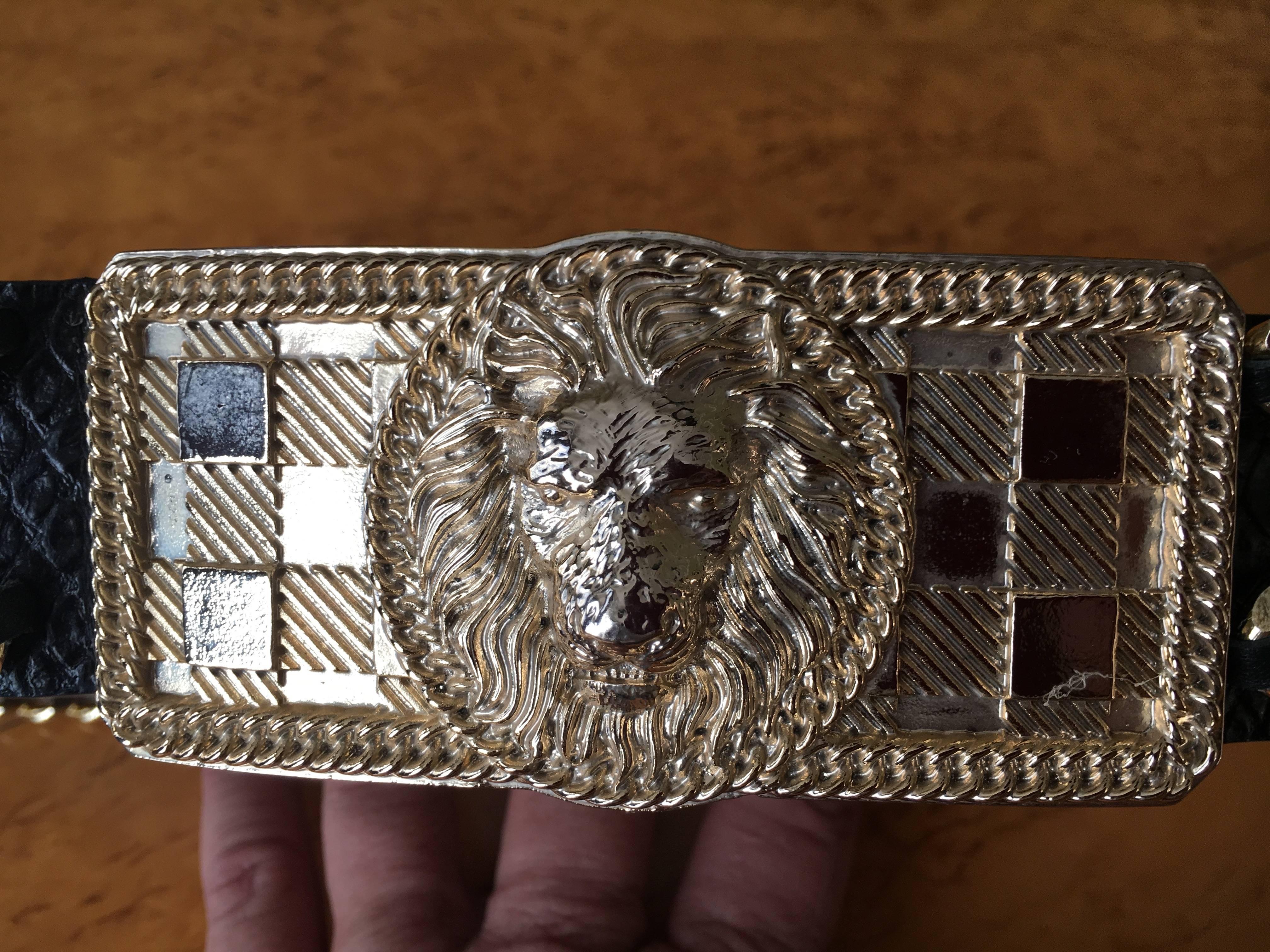 Women's or Men's Balmain Black Gold Chain Accented Belt with Lion Head Buckle For Sale