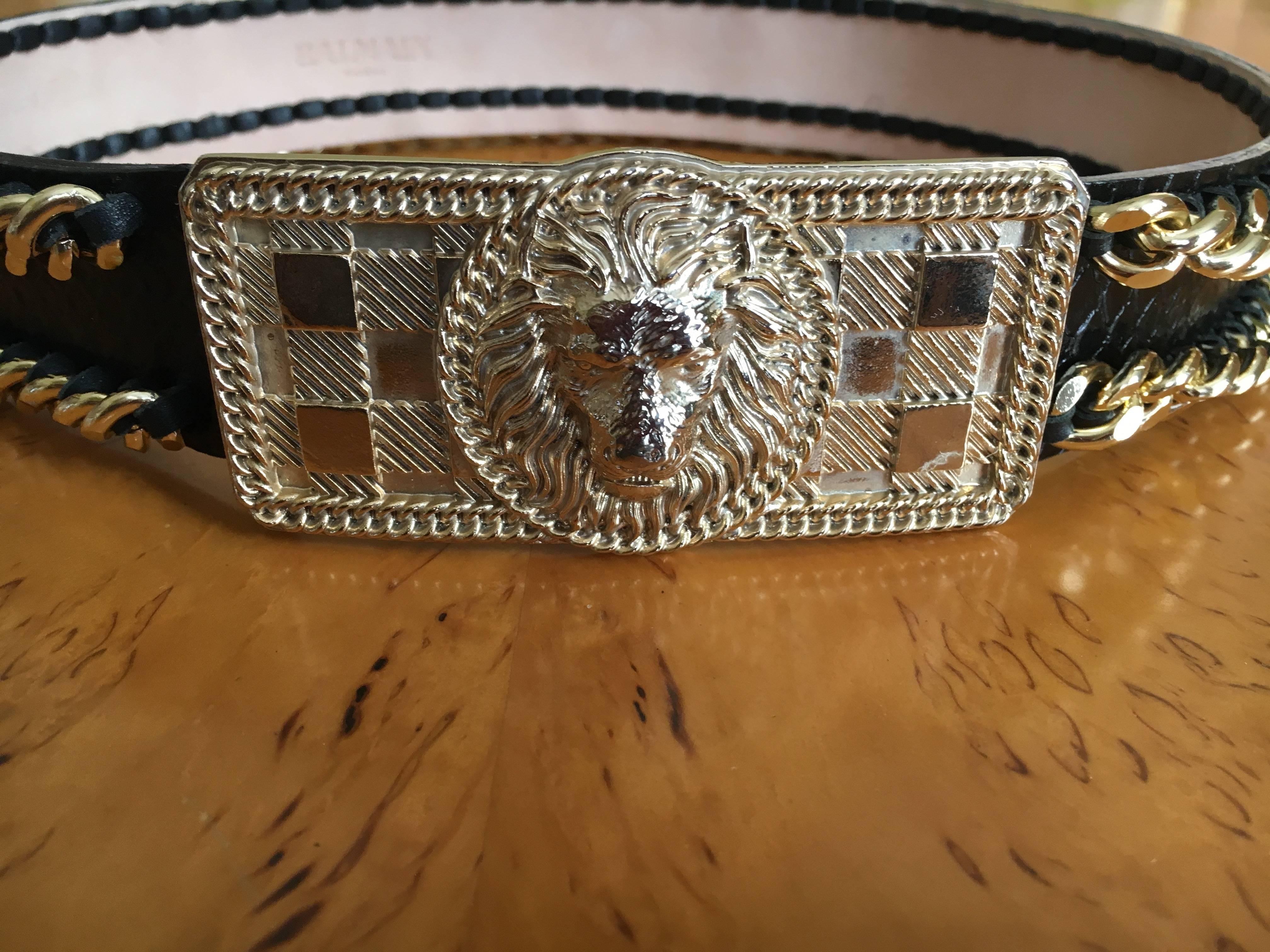 Balmain Black Gold Chain Accented Belt with Lion Head Buckle For Sale 1