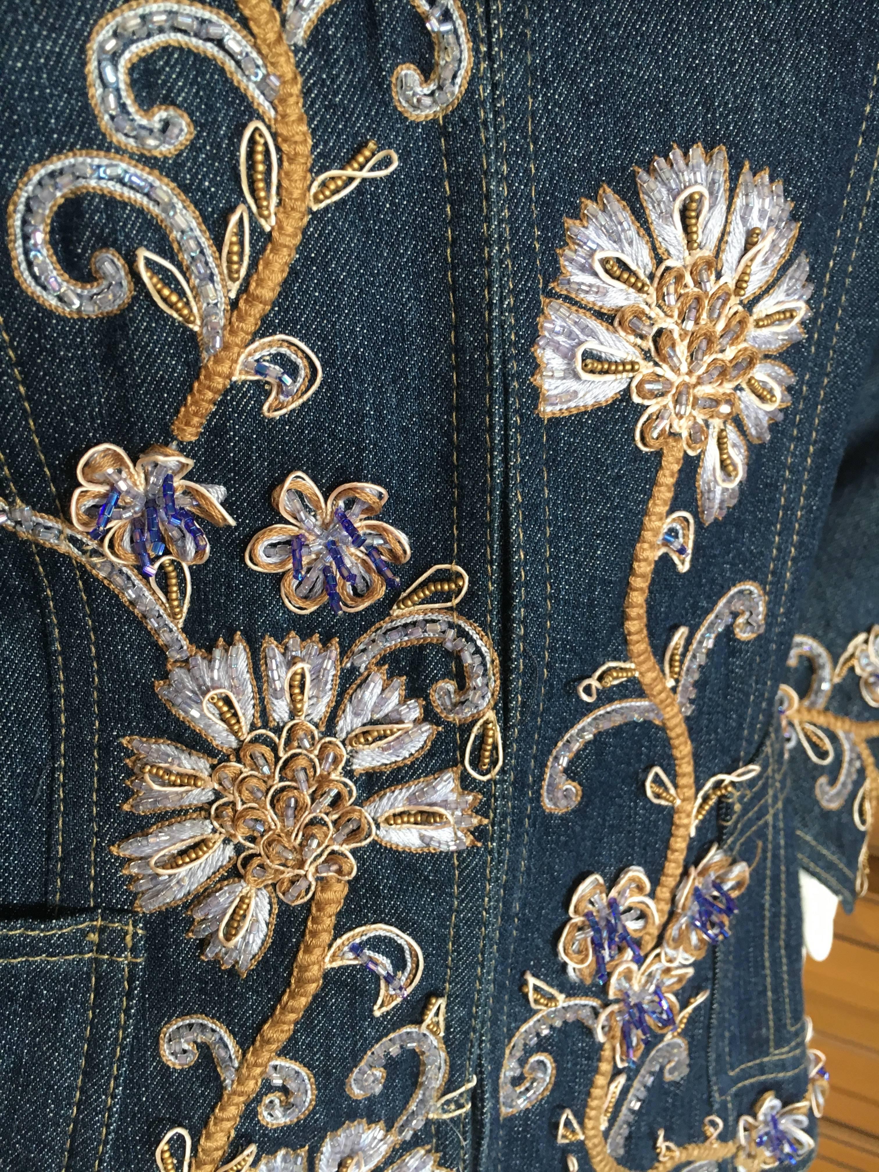 Black Christian Dior by John Galliano Vintage Floral Embellished Denim Bar Jacket