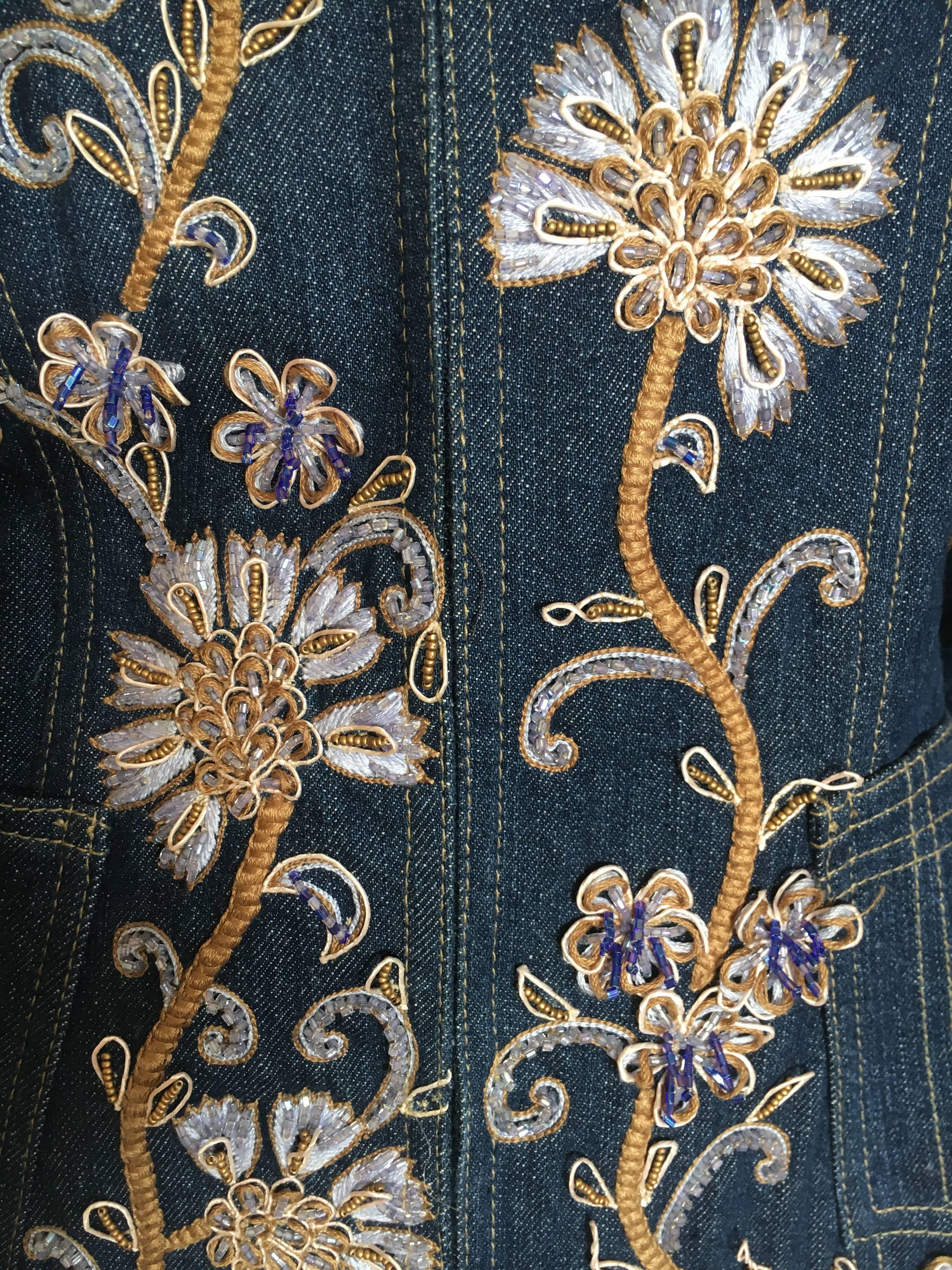Christian Dior by John Galliano Vintage Floral Embellished Denim Bar Jacket In New Condition In Cloverdale, CA