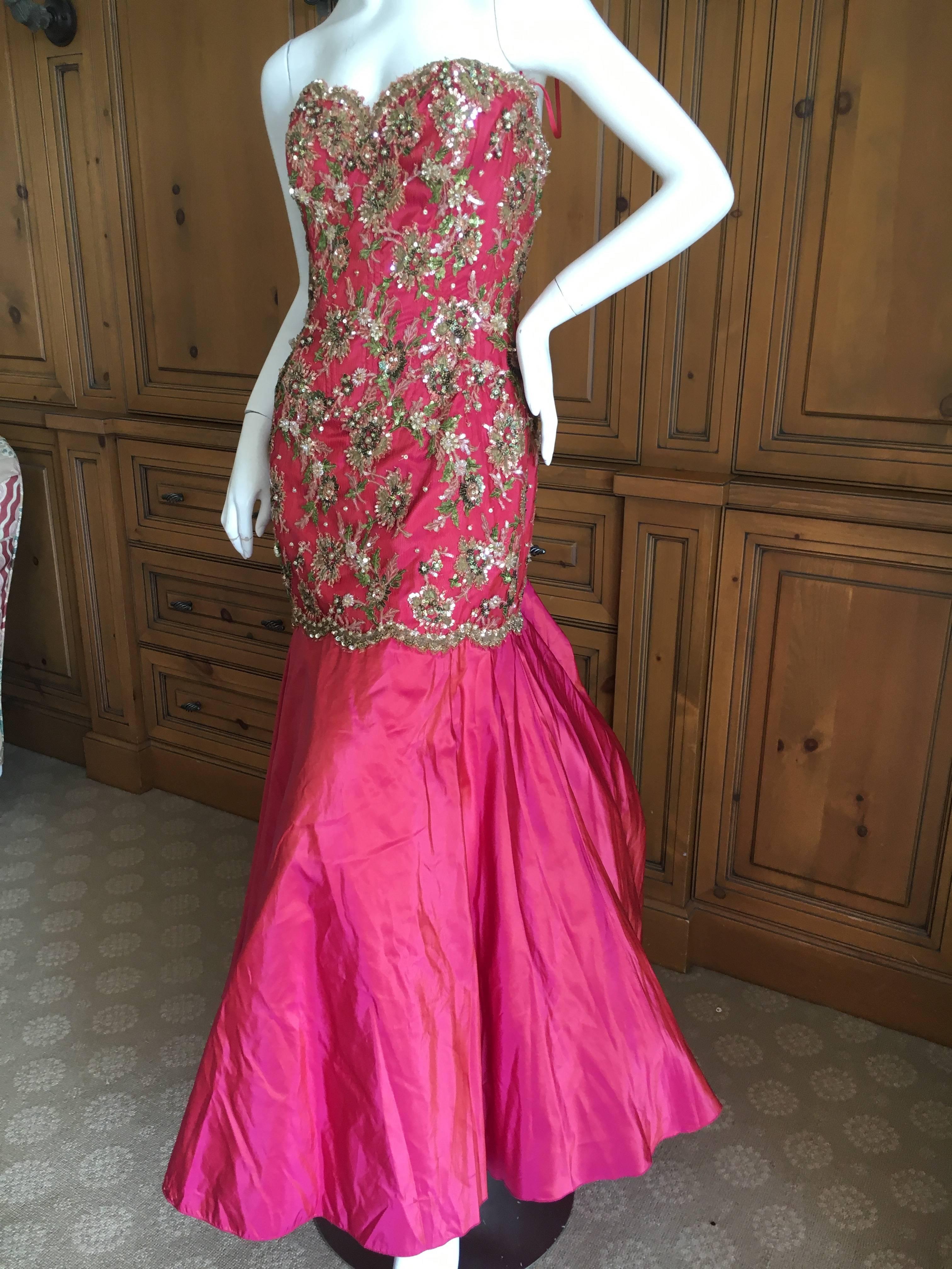 Pink Vicky Teil Couture Paris Embellished Silk Strapless Bustle Back Mermaid Gown For Sale