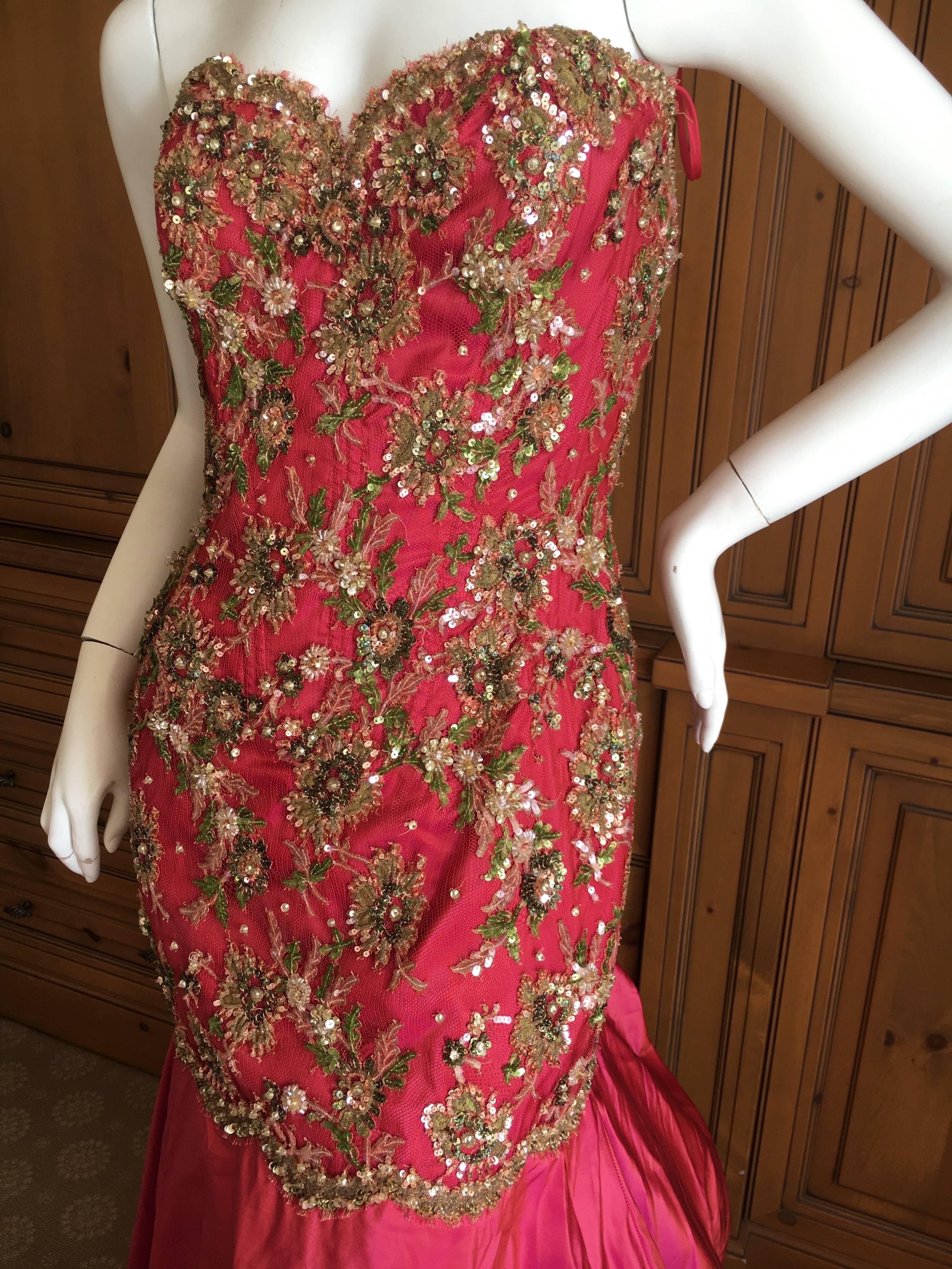 Vicky Teil Couture Paris Embellished Silk Strapless Bustle Back Mermaid Gown In Excellent Condition For Sale In Cloverdale, CA