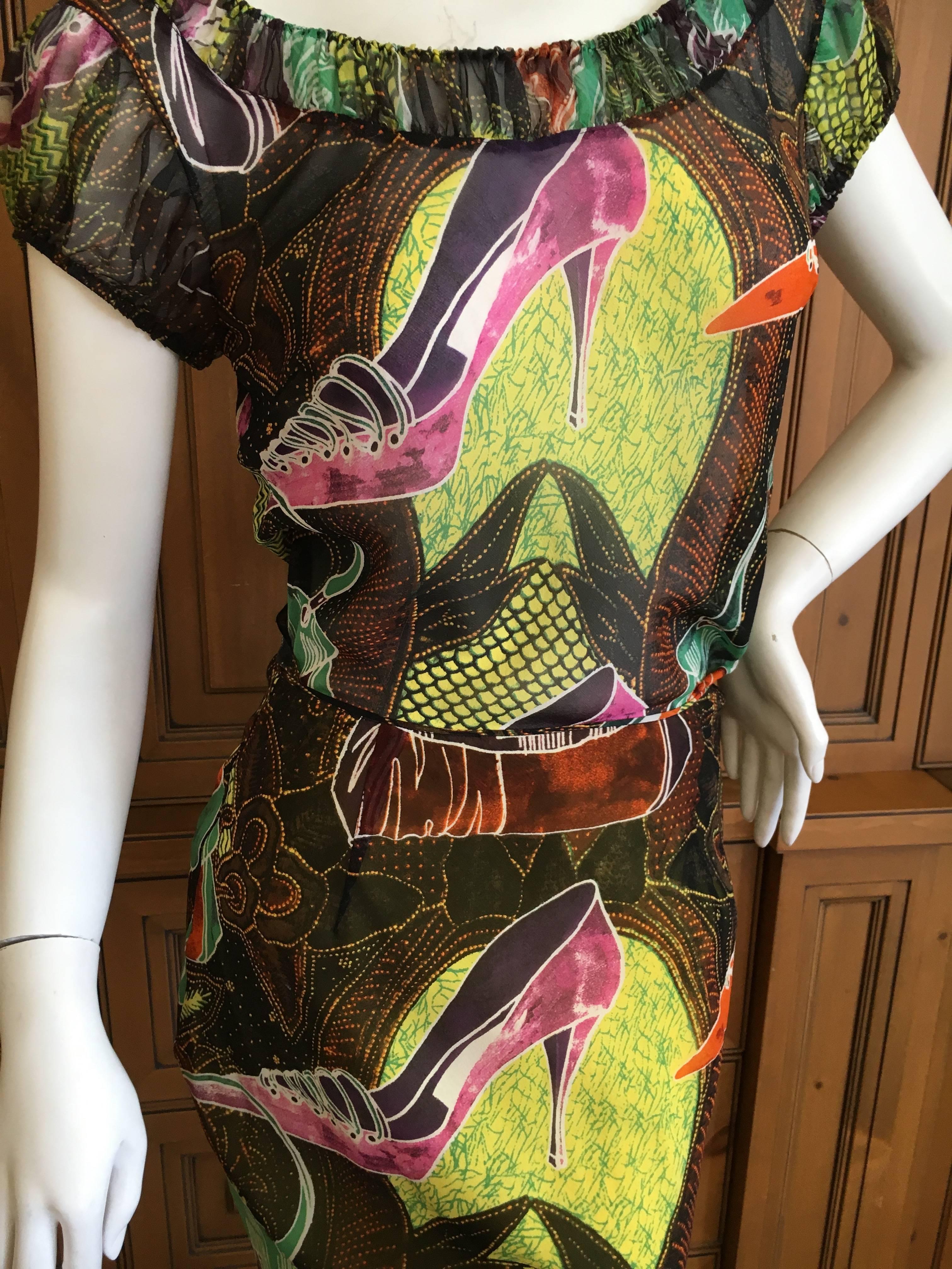 Black John Galliano Vintage Spring 2002 Charming Shoe Sketch Silk Dress in Two Pieces For Sale