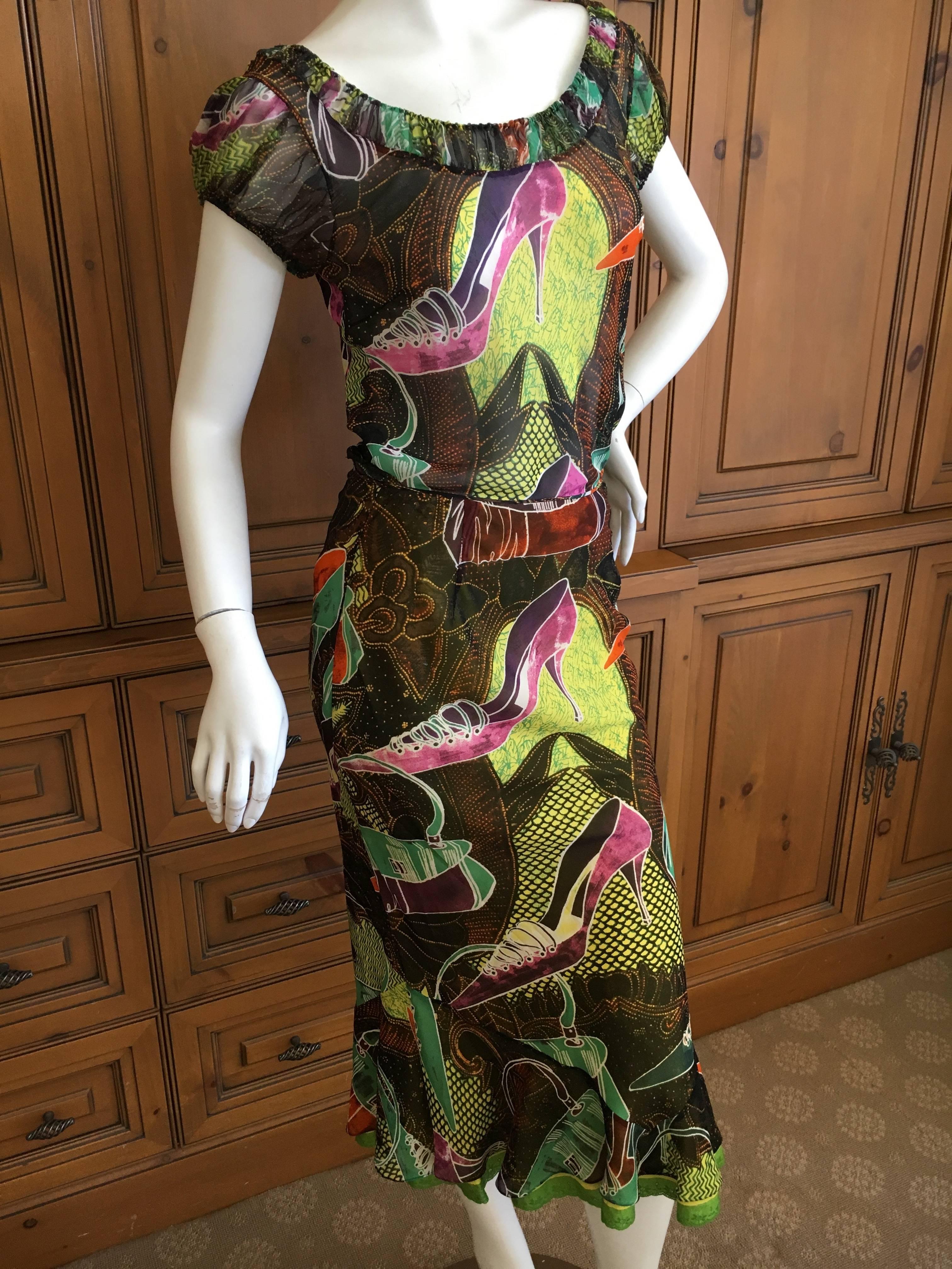 John Galliano Vintage Spring 2002 Charming Shoe Sketch Silk Dress in Two Pieces In Excellent Condition For Sale In Cloverdale, CA