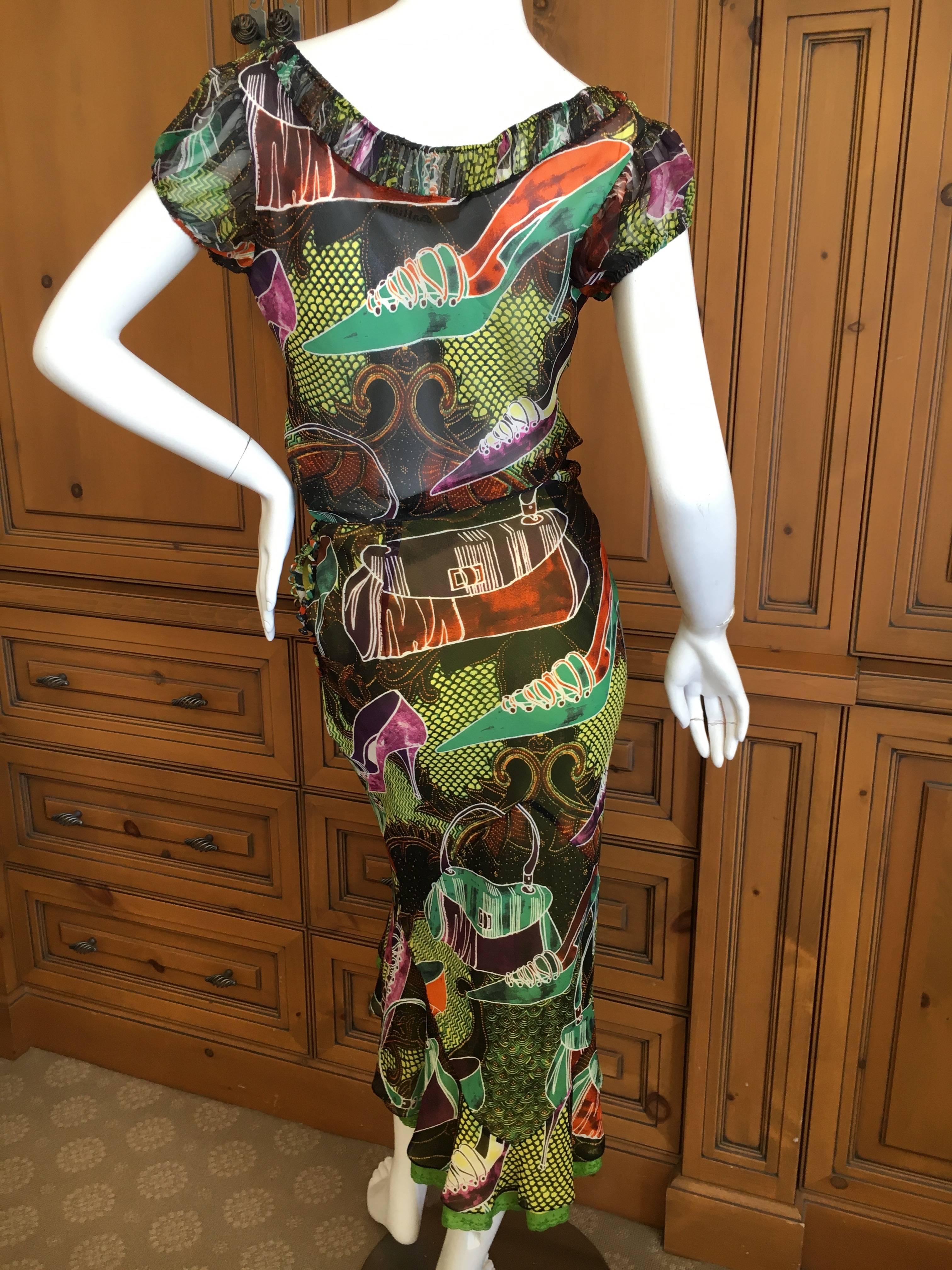 John Galliano Vintage Spring 2002 Charming Shoe Sketch Silk Dress in Two Pieces For Sale 1