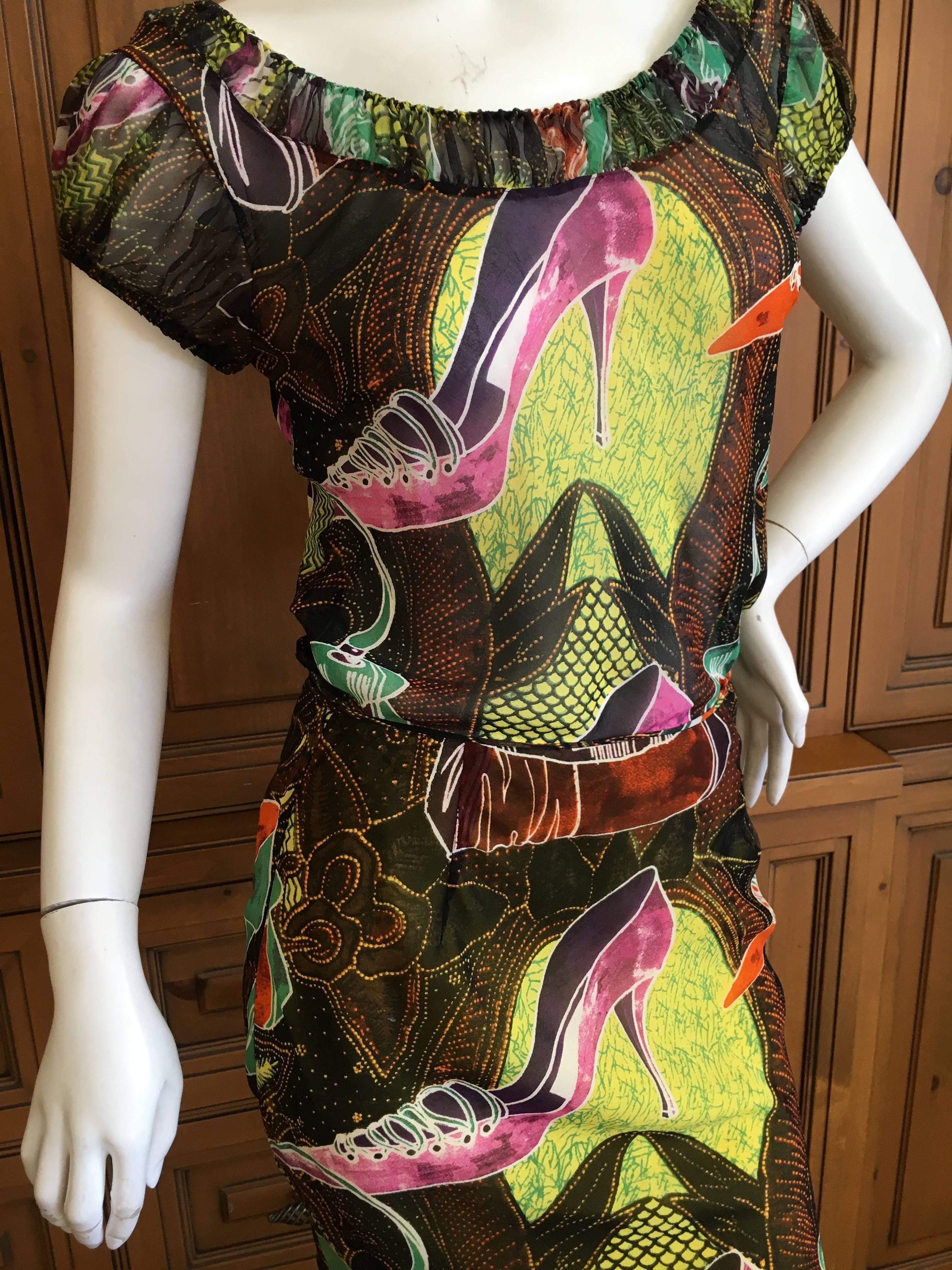 Women's John Galliano Vintage Spring 2002 Charming Shoe Sketch Silk Dress in Two Pieces For Sale