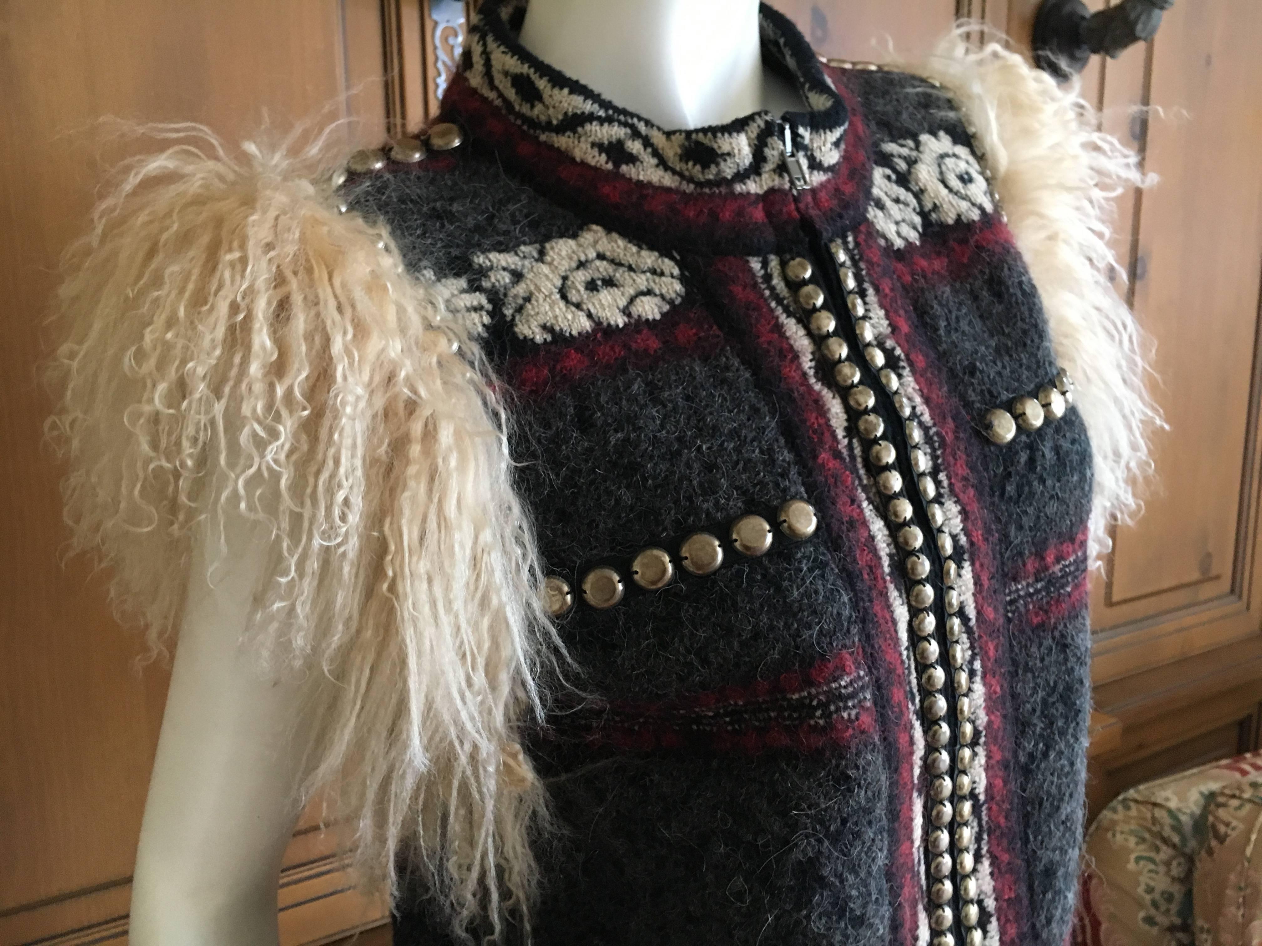 Women's or Men's Jean Paul Gaultier Maille Femme Studded Boho Ethnic Vest with Curly Lamb Trim