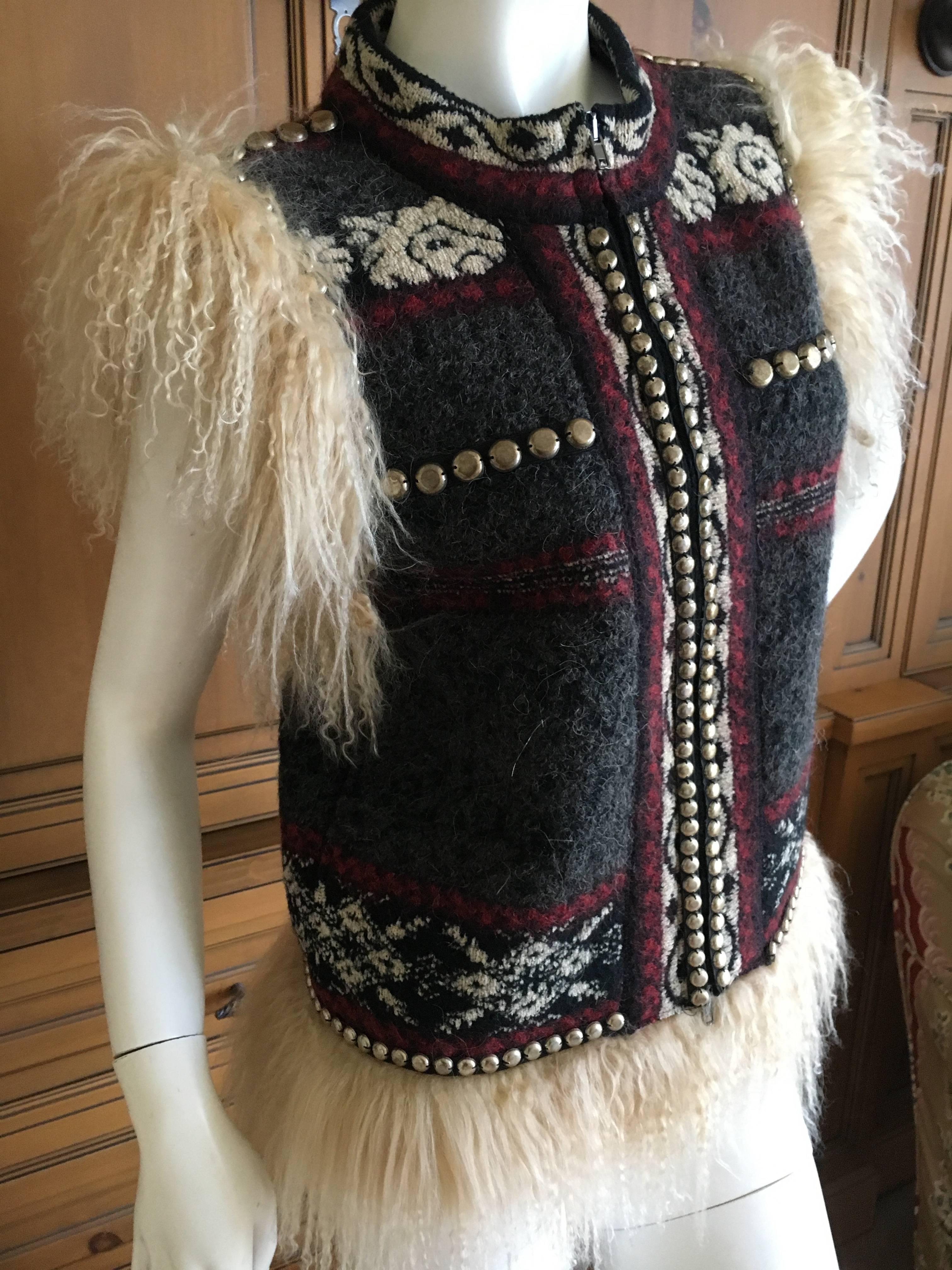 Jean Paul Gaultier Maille Femme Studded Boho Ethnic Vest with Curly Lamb Trim 1