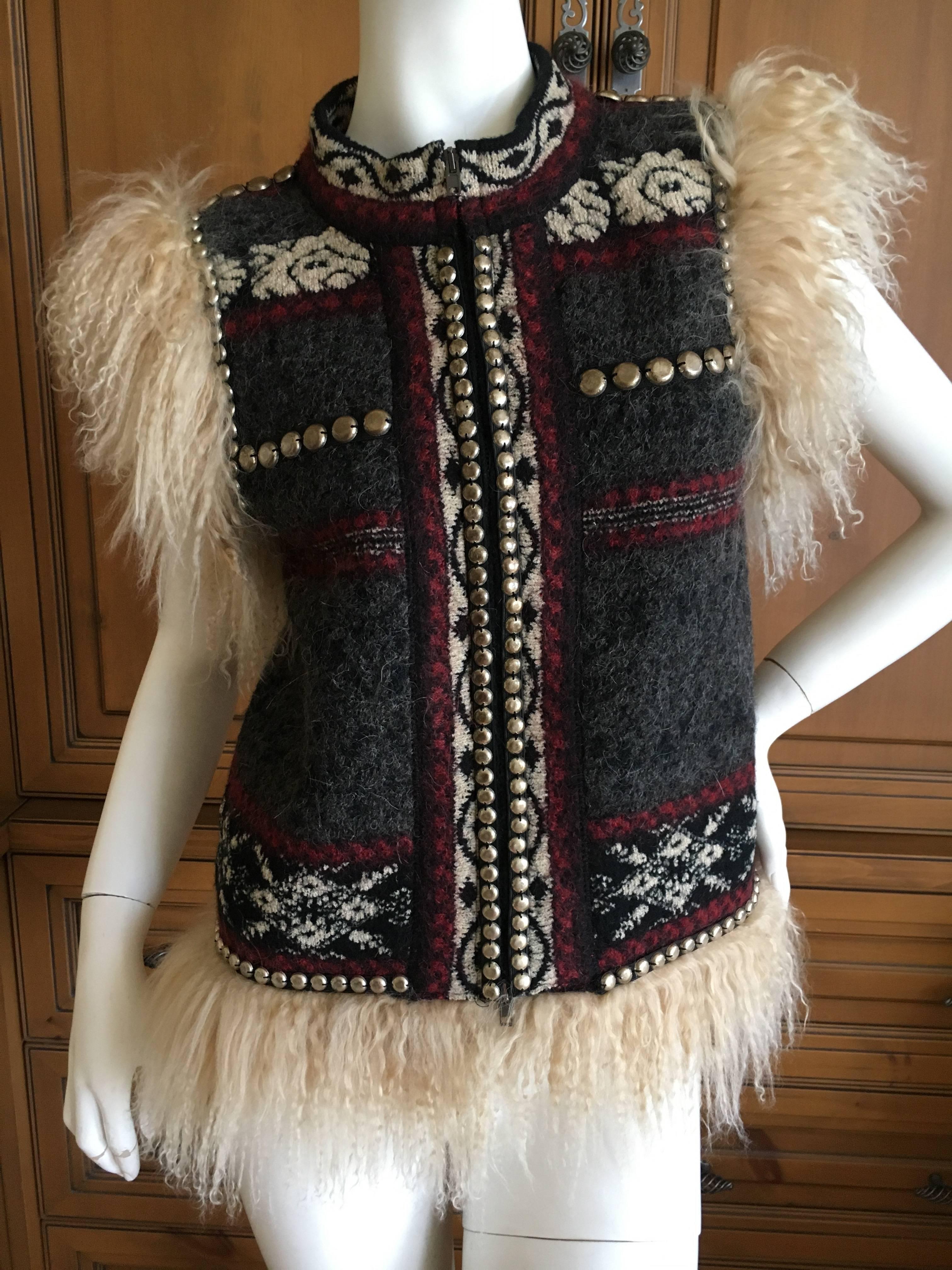 Black Jean Paul Gaultier Maille Femme Studded Boho Ethnic Vest with Curly Lamb Trim