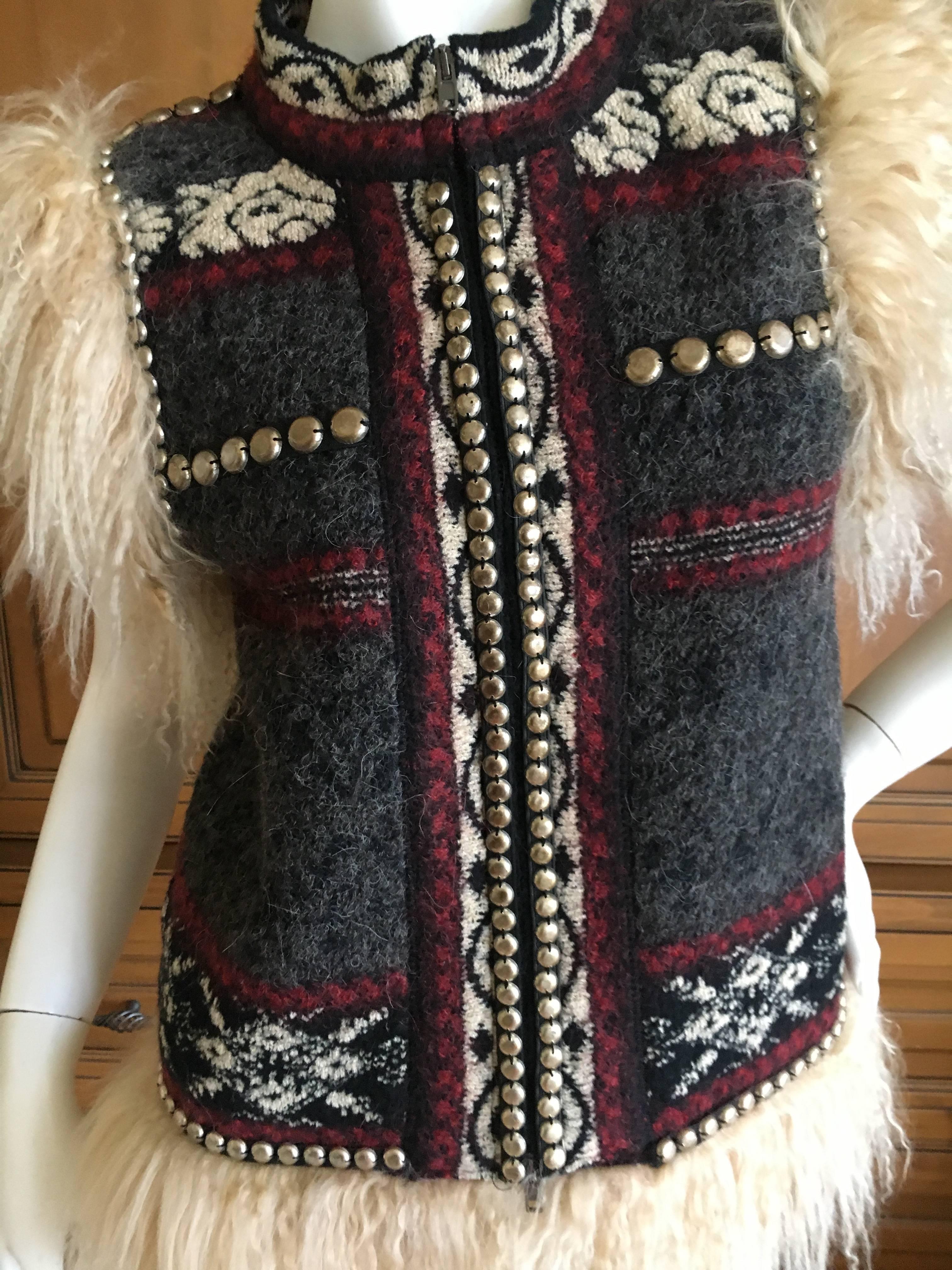 Jean Paul Gaultier Maille Femme Studded Boho Ethnic Vest with Curly Lamb Trim In Excellent Condition In Cloverdale, CA