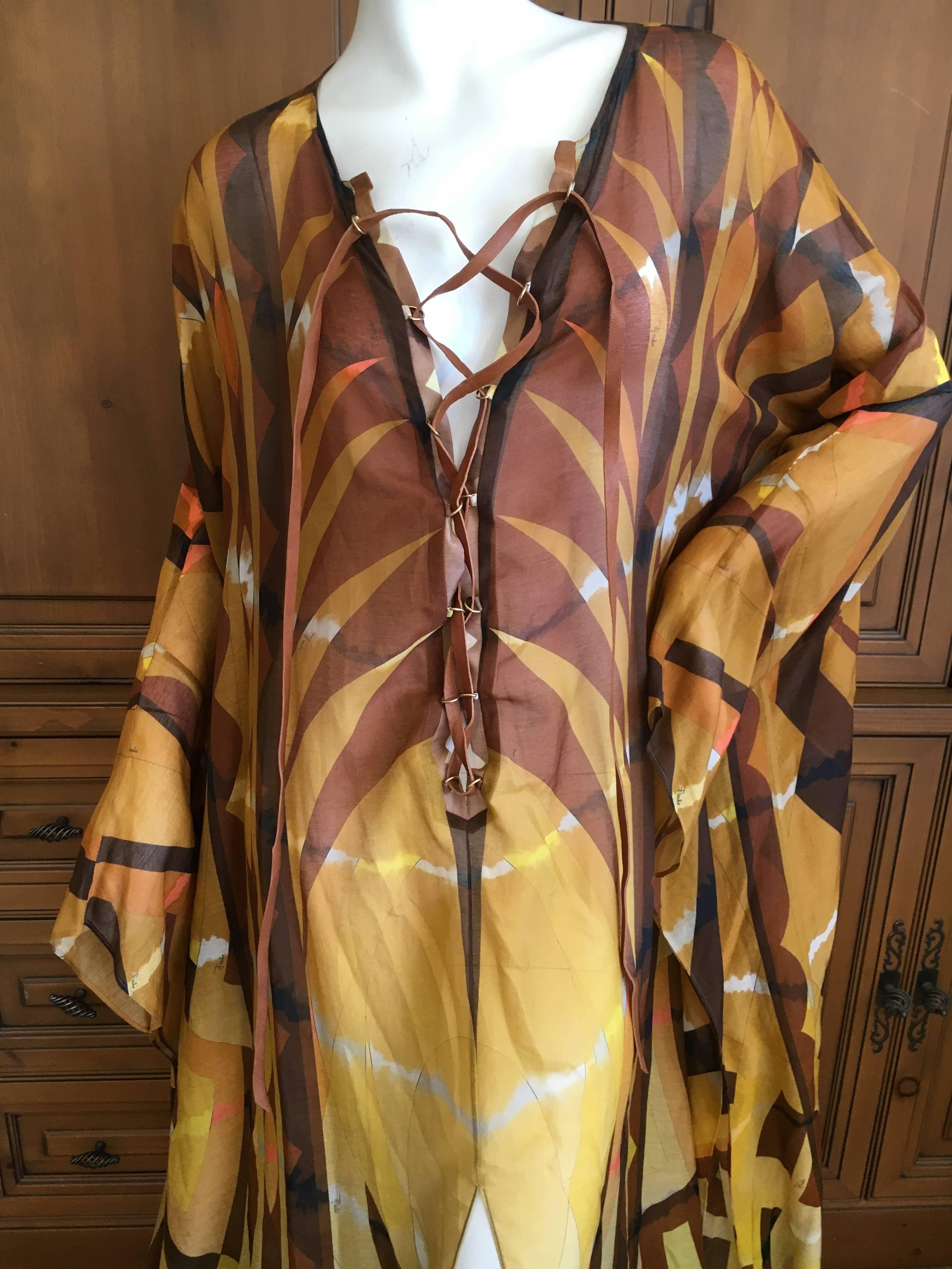 Women's or Men's Emilio Pucci Sheer Patterned Caftan with Leather Lace Up Straps New with Tags For Sale
