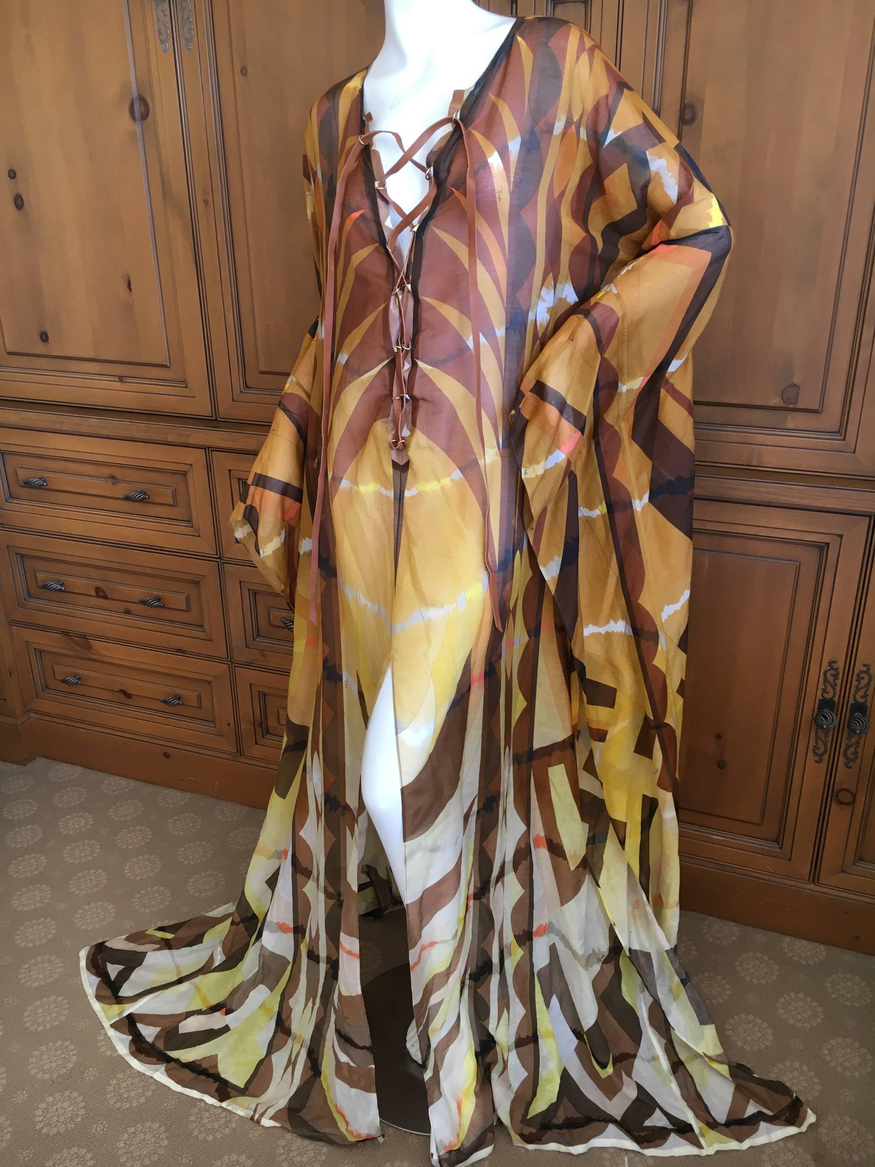 Emilio Pucci Sheer Patterned Caftan with Leather Lace Up Straps New with Tags In New Condition For Sale In Cloverdale, CA