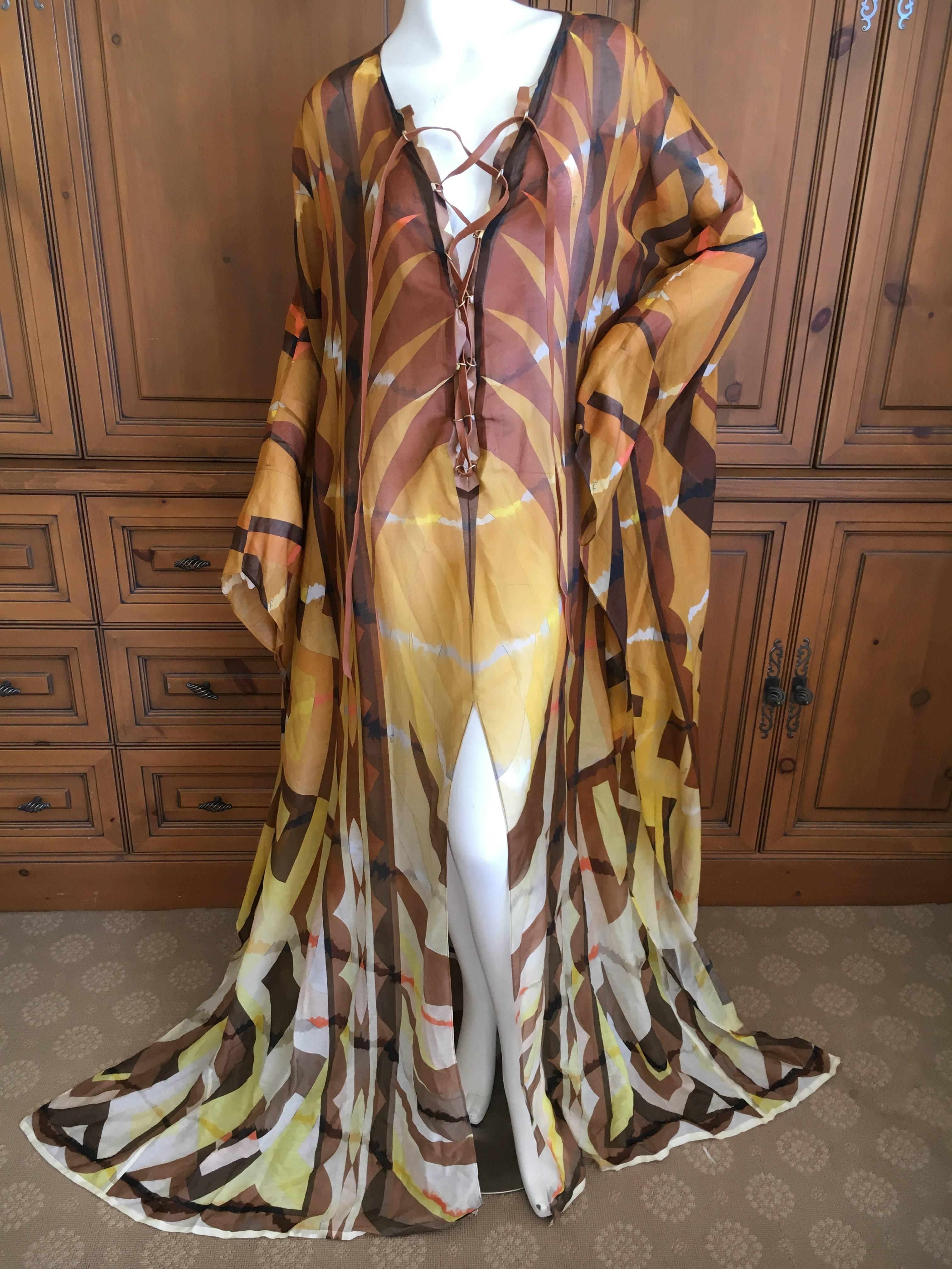 Brown Emilio Pucci Sheer Patterned Caftan with Leather Lace Up Straps New with Tags For Sale