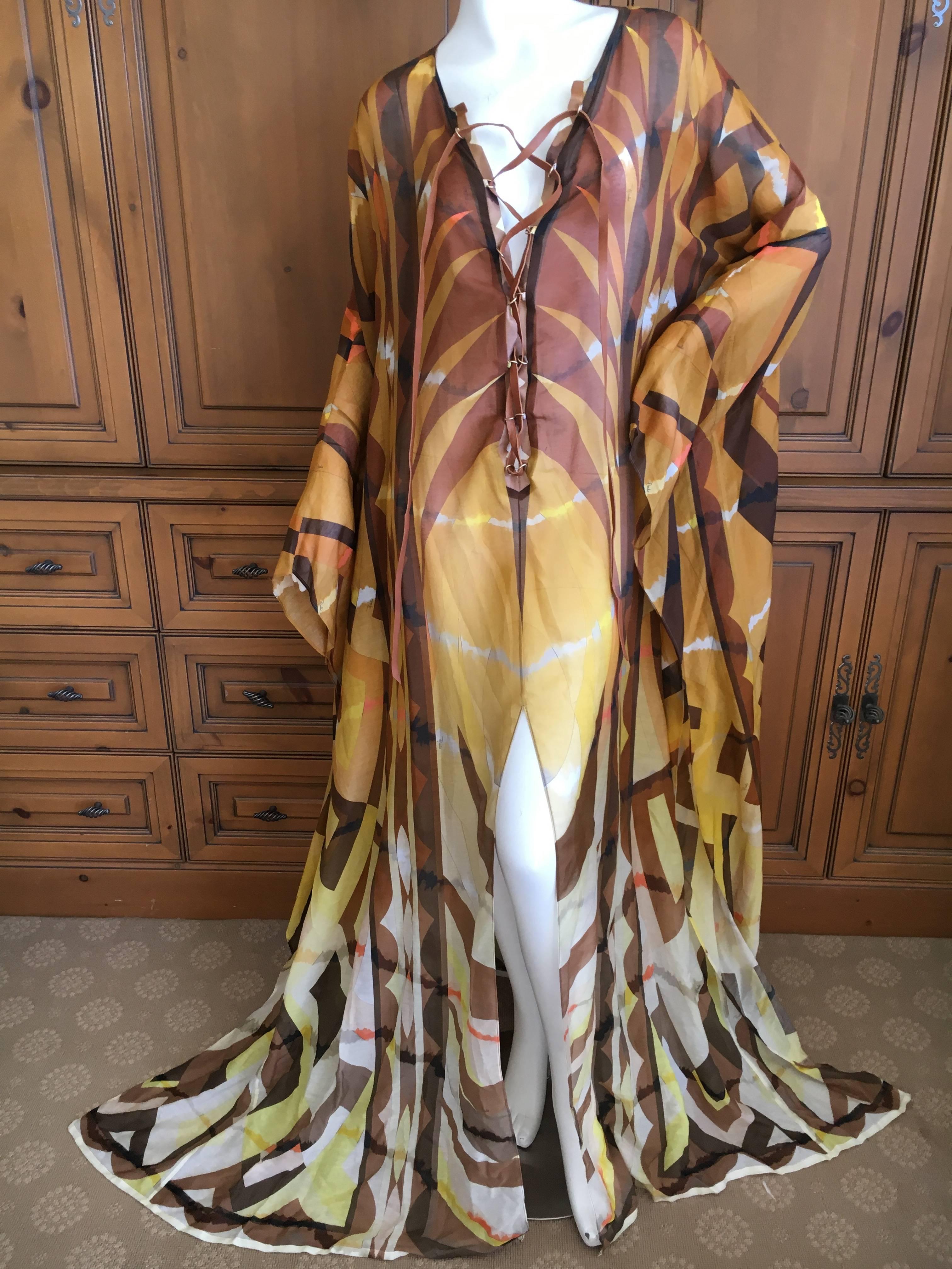 Emilio Pucci Sheer Patterned Caftan with Leather Lace Up Straps New with Tags For Sale 1