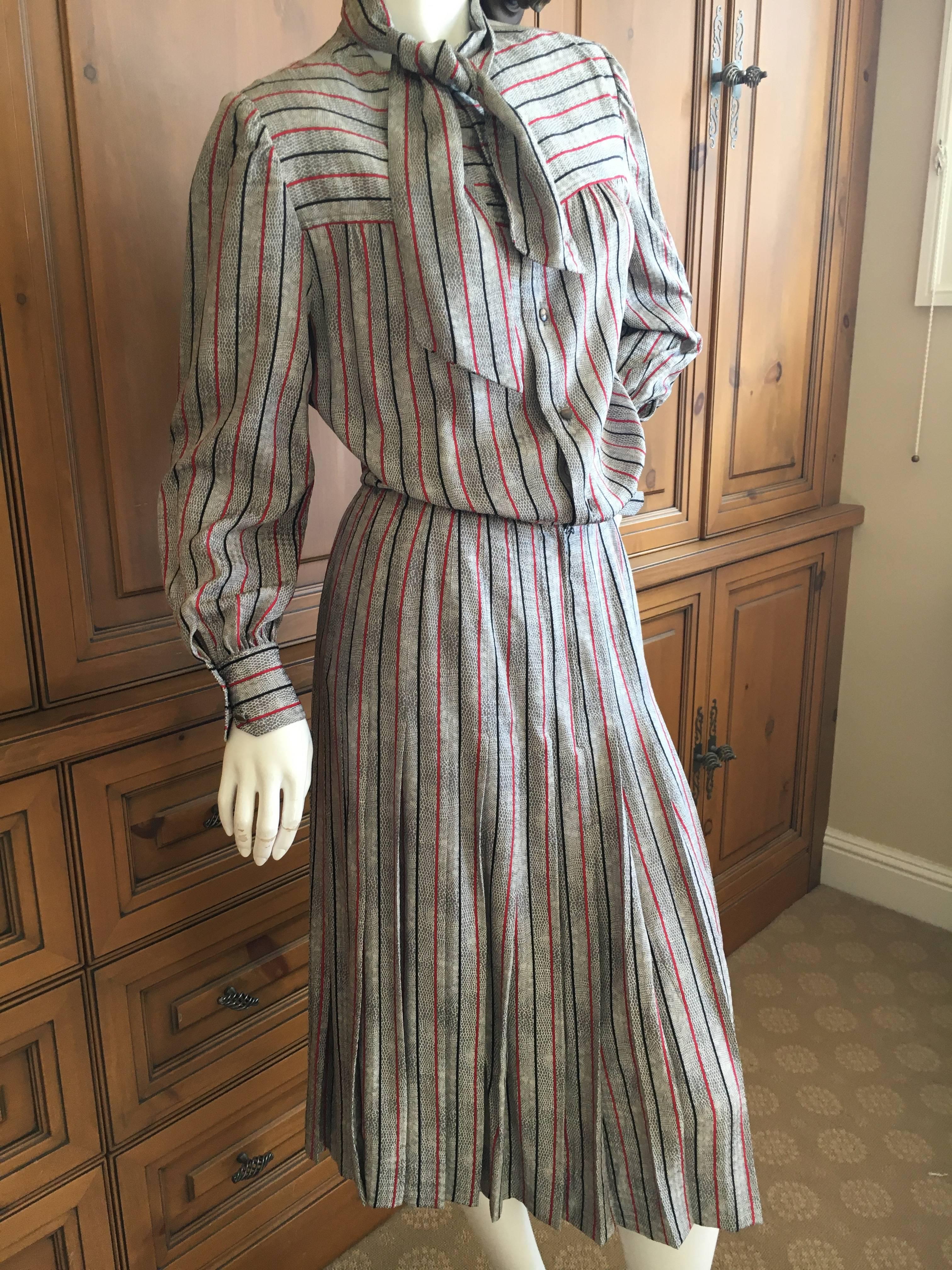 Gray Celine 1970's Stripe Snake Print Silk Belted Day Dress For Sale