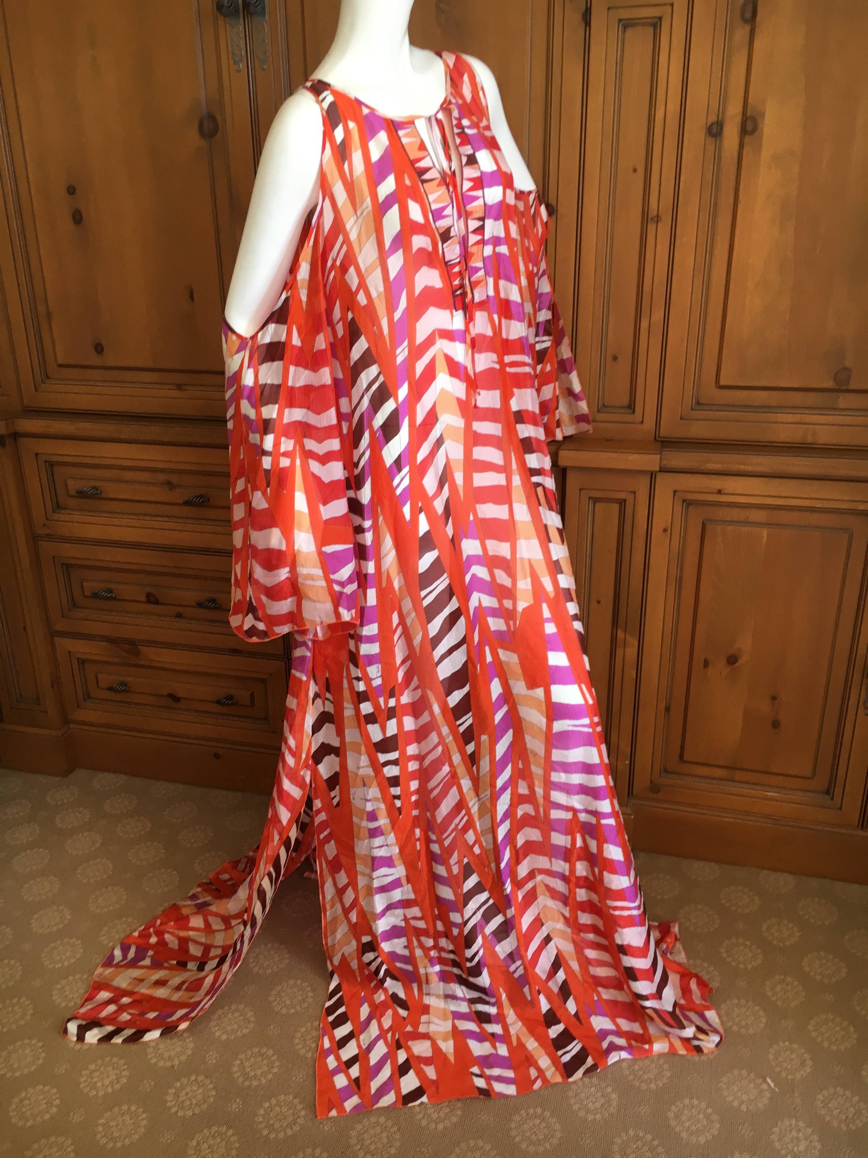 Emilio Pucci Sheer Cold Shoulder Patterned Caftan New with Tags Size L For Sale 2