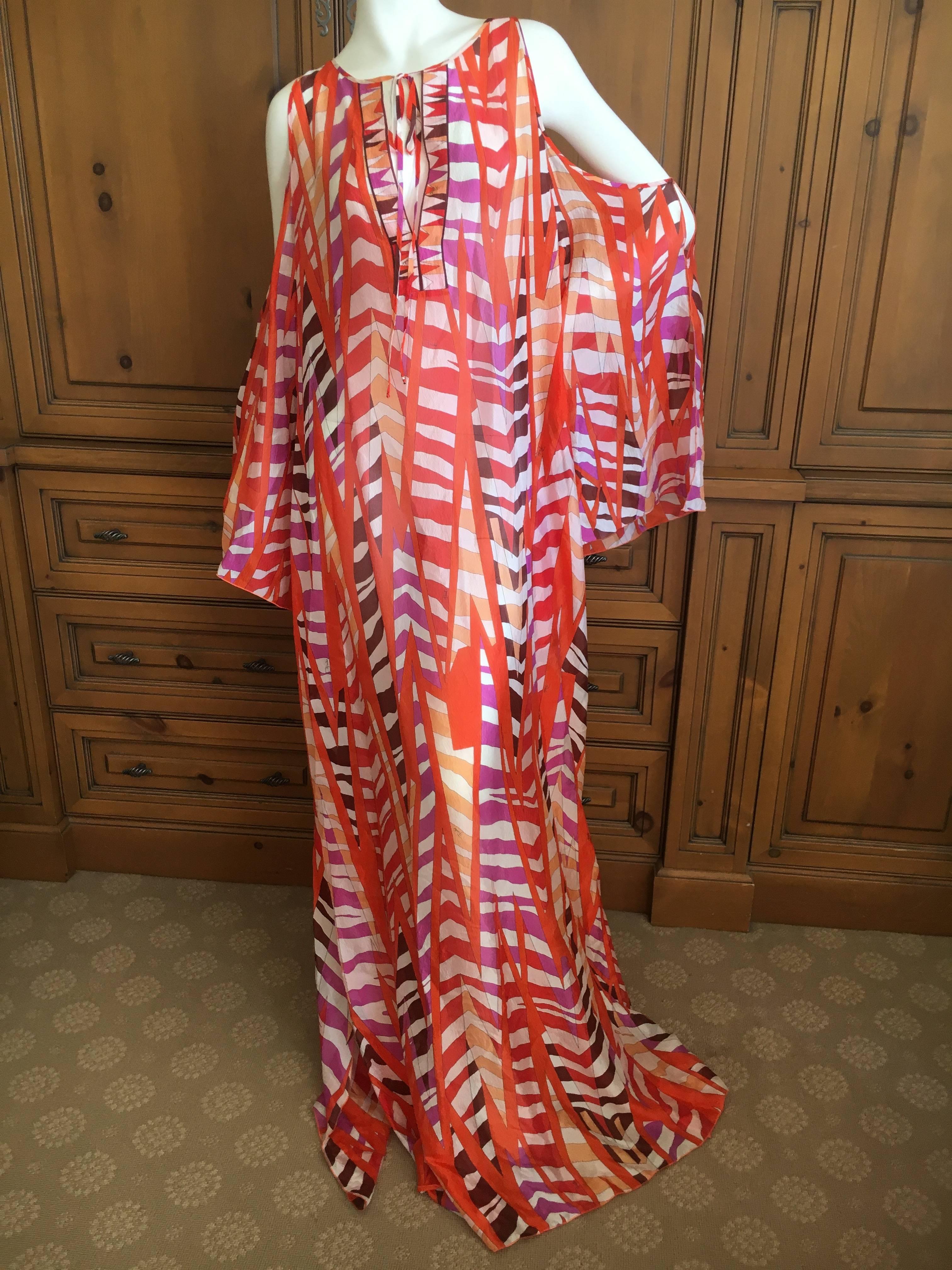 Emilio Pucci Sheer Cold Shoulder Patterned Caftan New with Tags Size L In New Condition For Sale In Cloverdale, CA