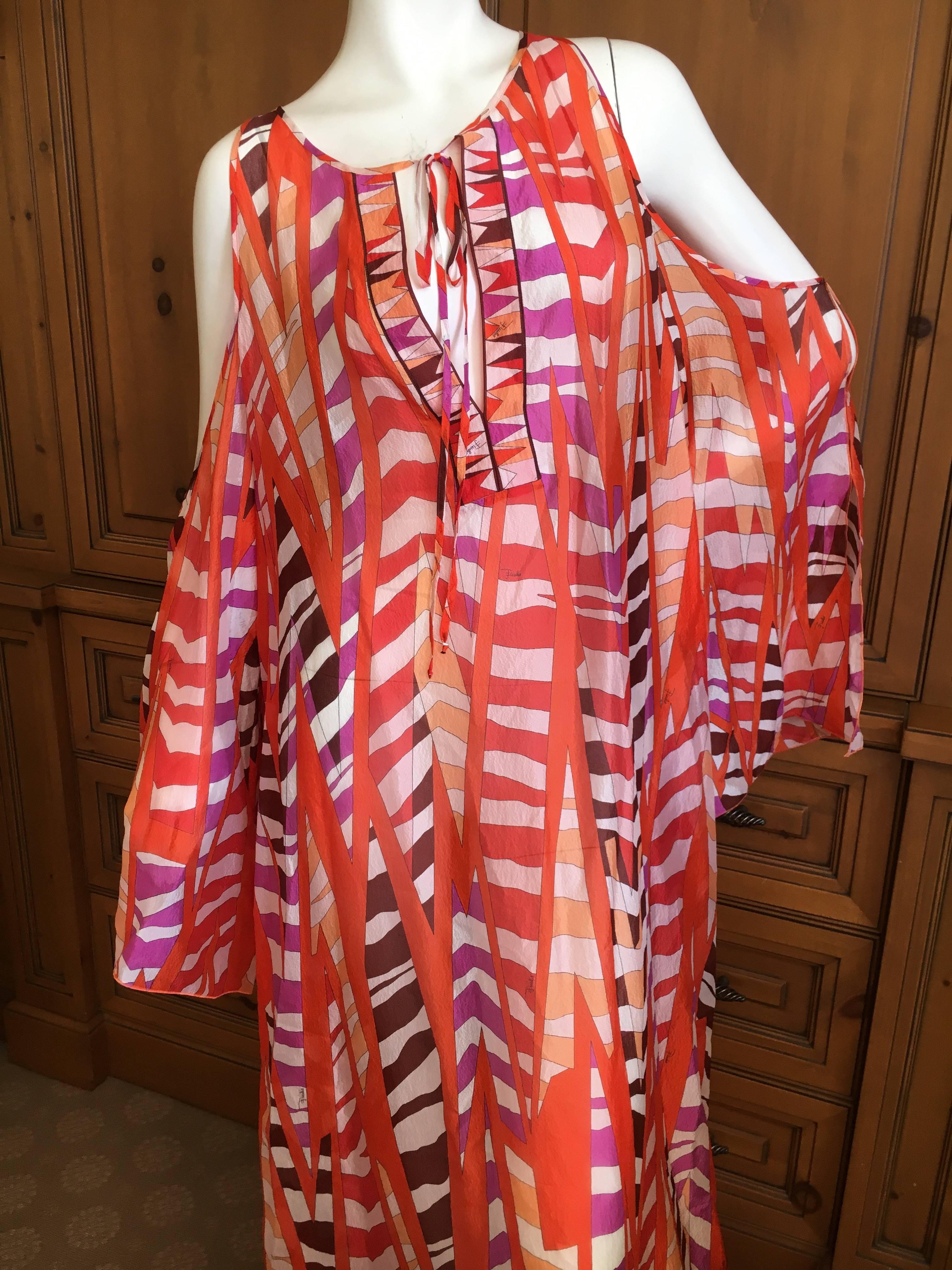 Brown Emilio Pucci Sheer Cold Shoulder Patterned Caftan New with Tags Size L For Sale