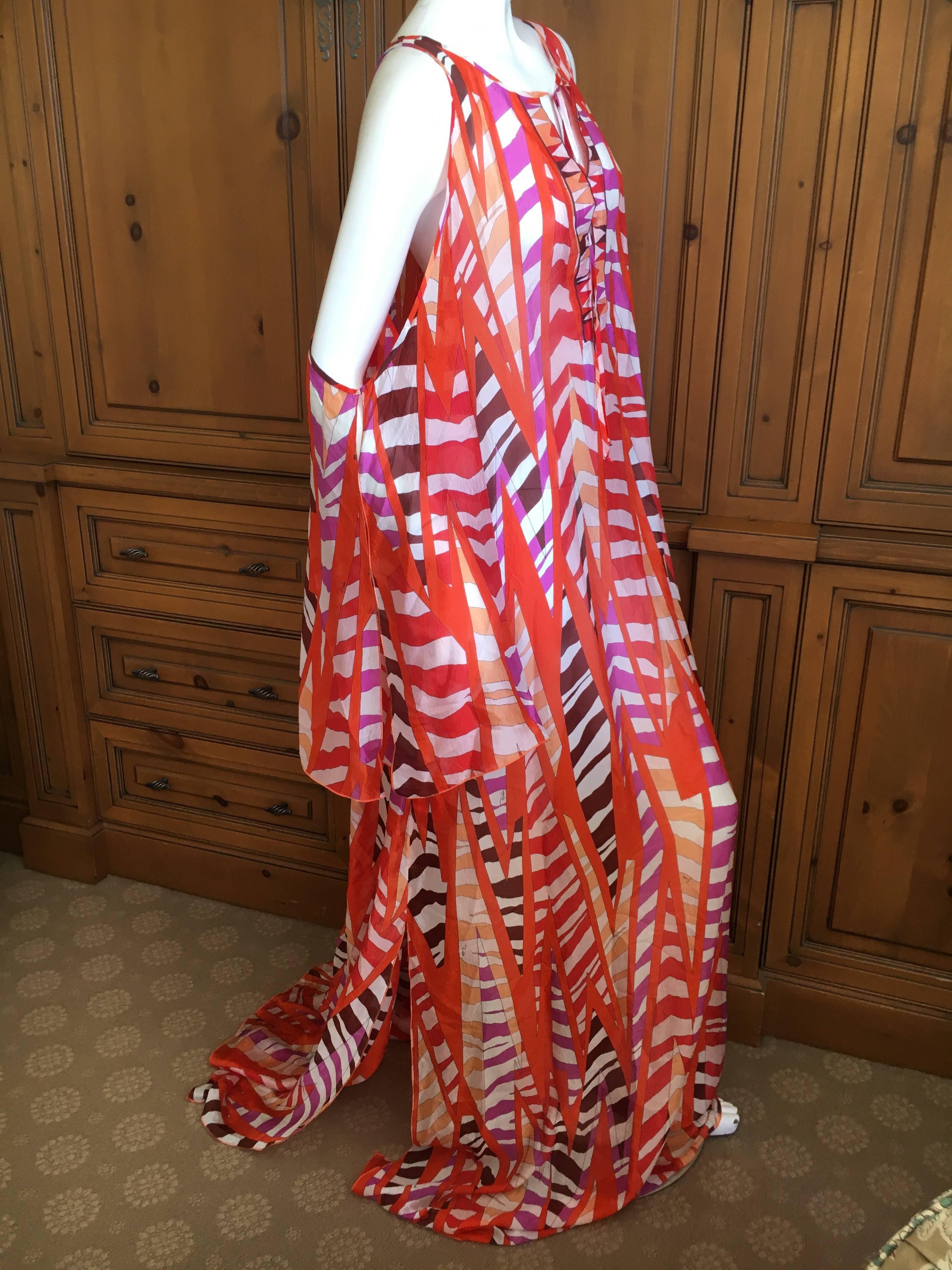 Emilio Pucci Sheer Cold Shoulder Patterned Caftan New with Tags Size L For Sale 1