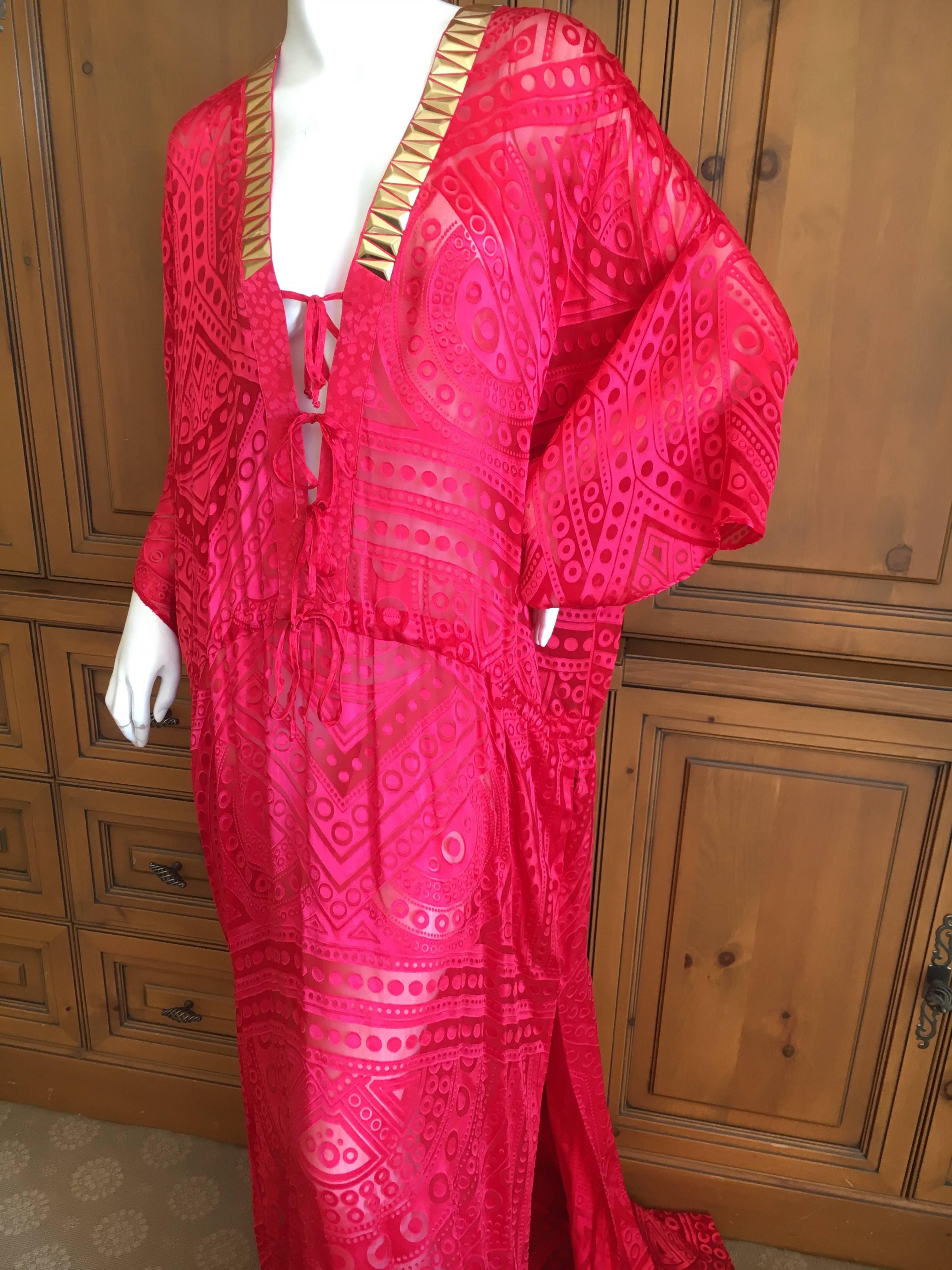 Women's or Men's Roberto Cavalli Sheer Red Caftan with Gold Embellishents for Just Cavalli NWT