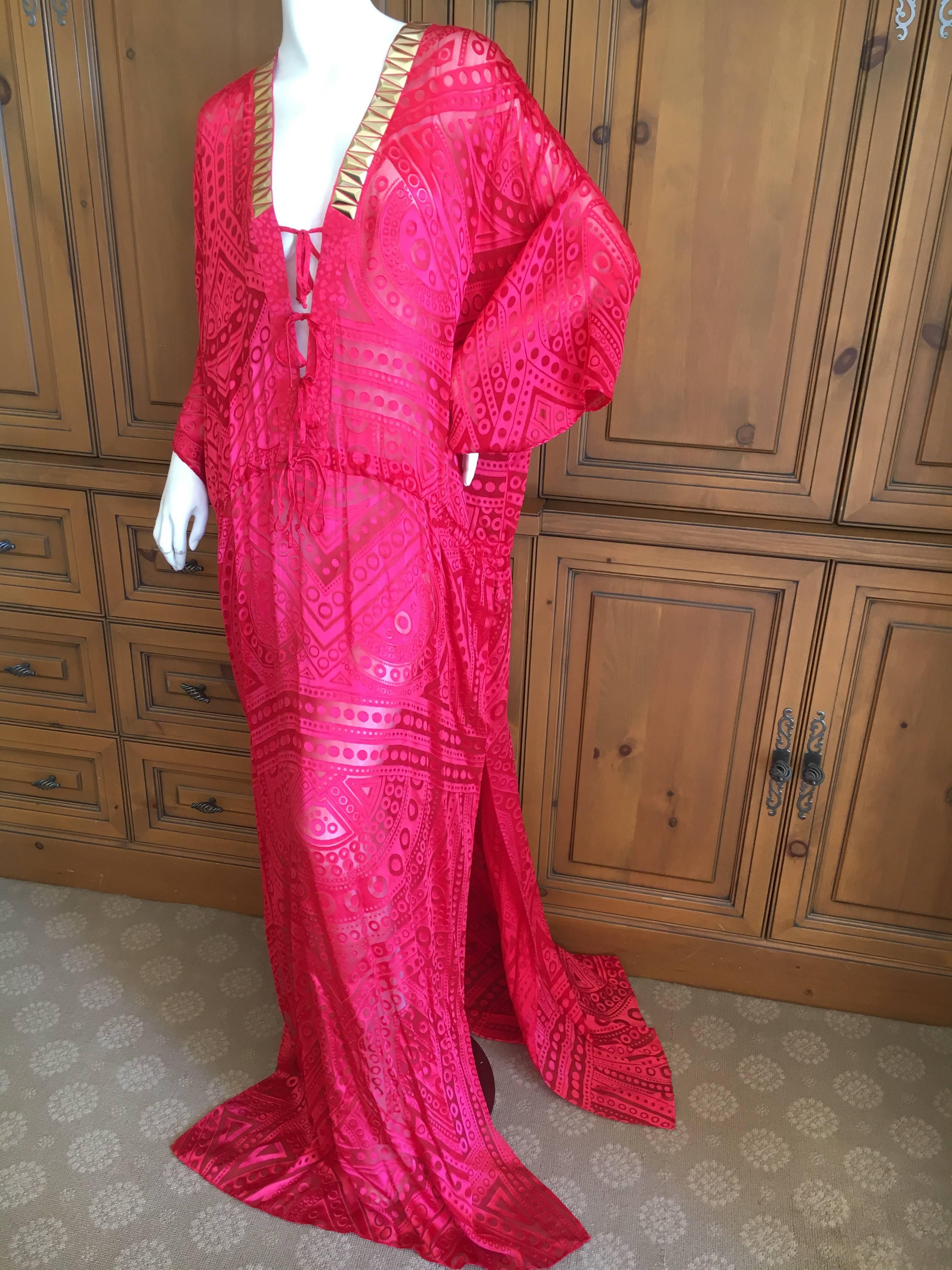 Roberto Cavalli Sheer Red Caftan with Gold Embellishents for Just Cavalli.
New with tags.
Size 40