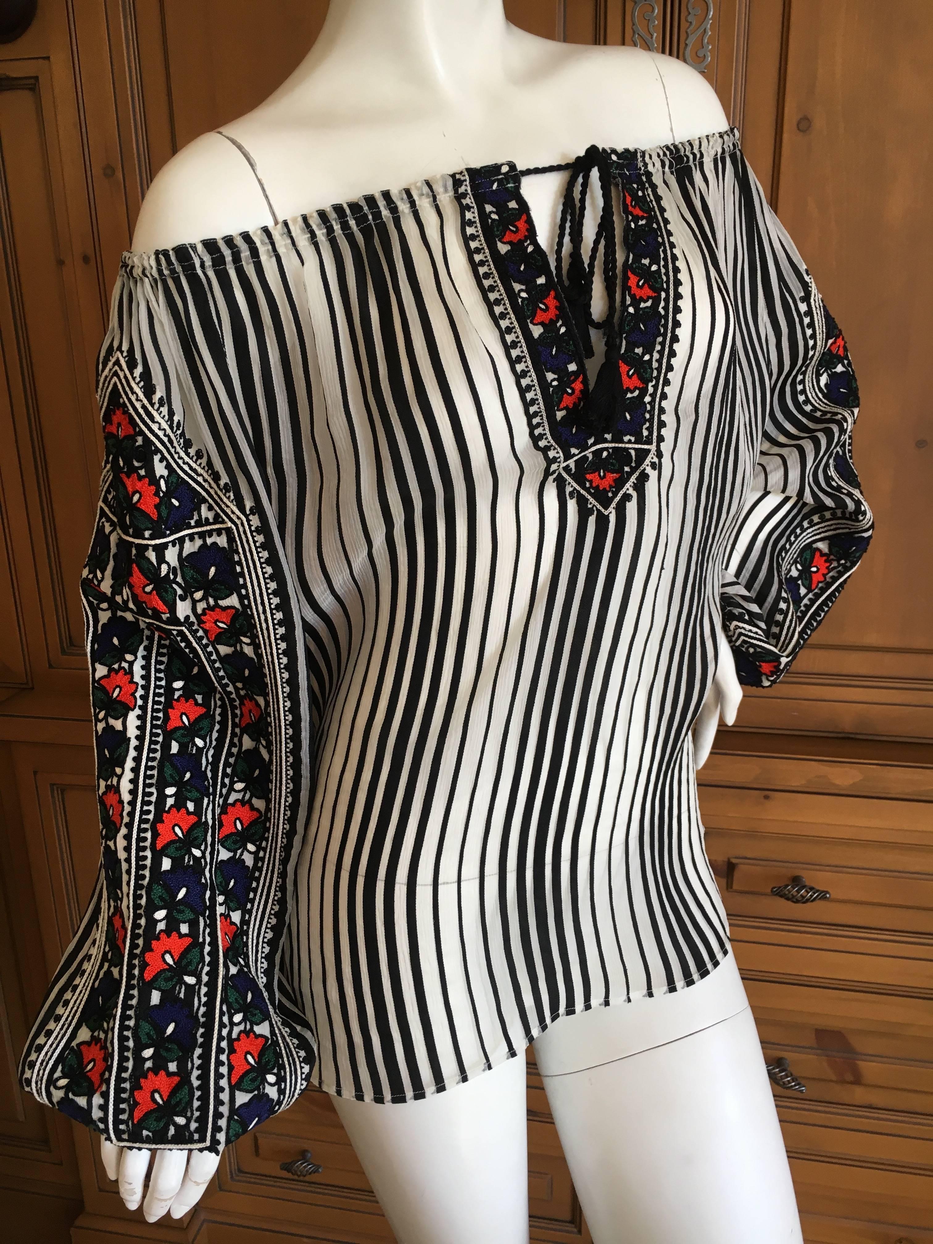 Jean Paul Gaultier Op Art Stripe off the Shoulder Top with Ethnic Embroideries In Excellent Condition For Sale In Cloverdale, CA