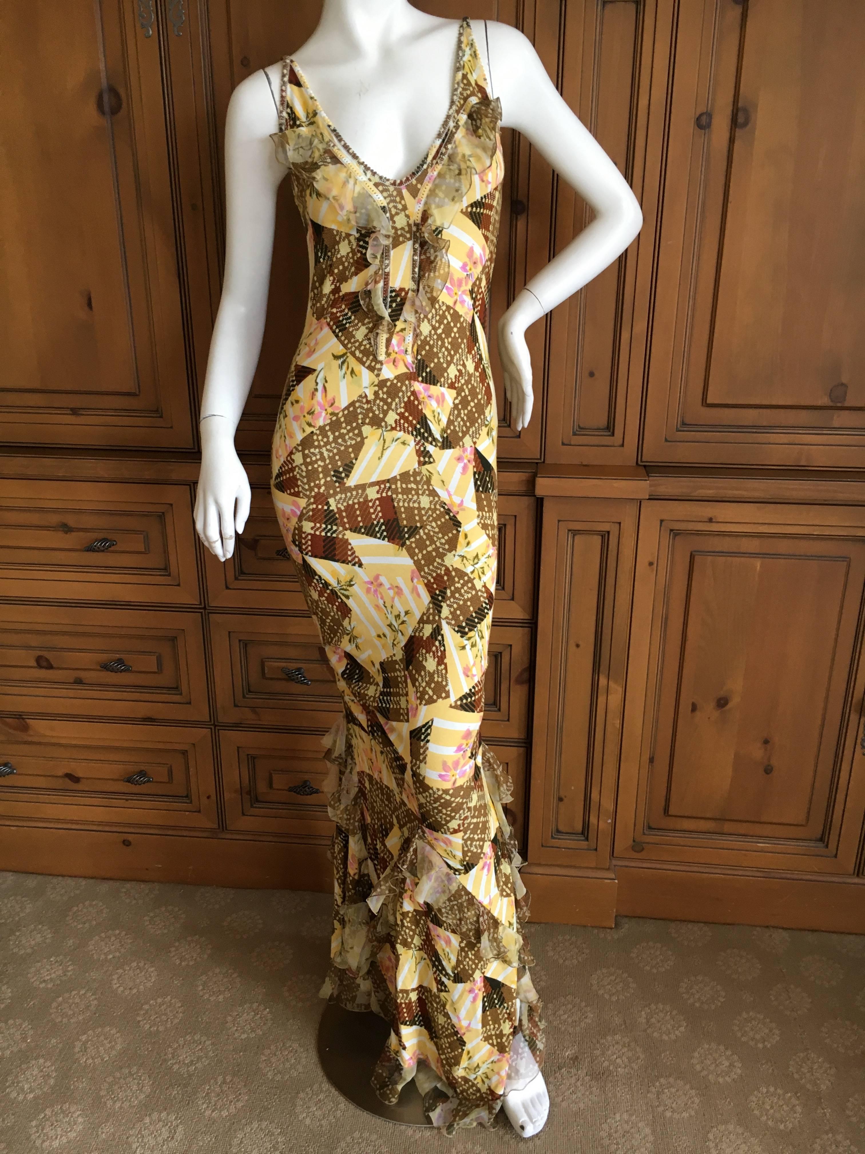 John Galliano Vintage Patchwork Pattern Ruffle Dress In Excellent Condition For Sale In Cloverdale, CA