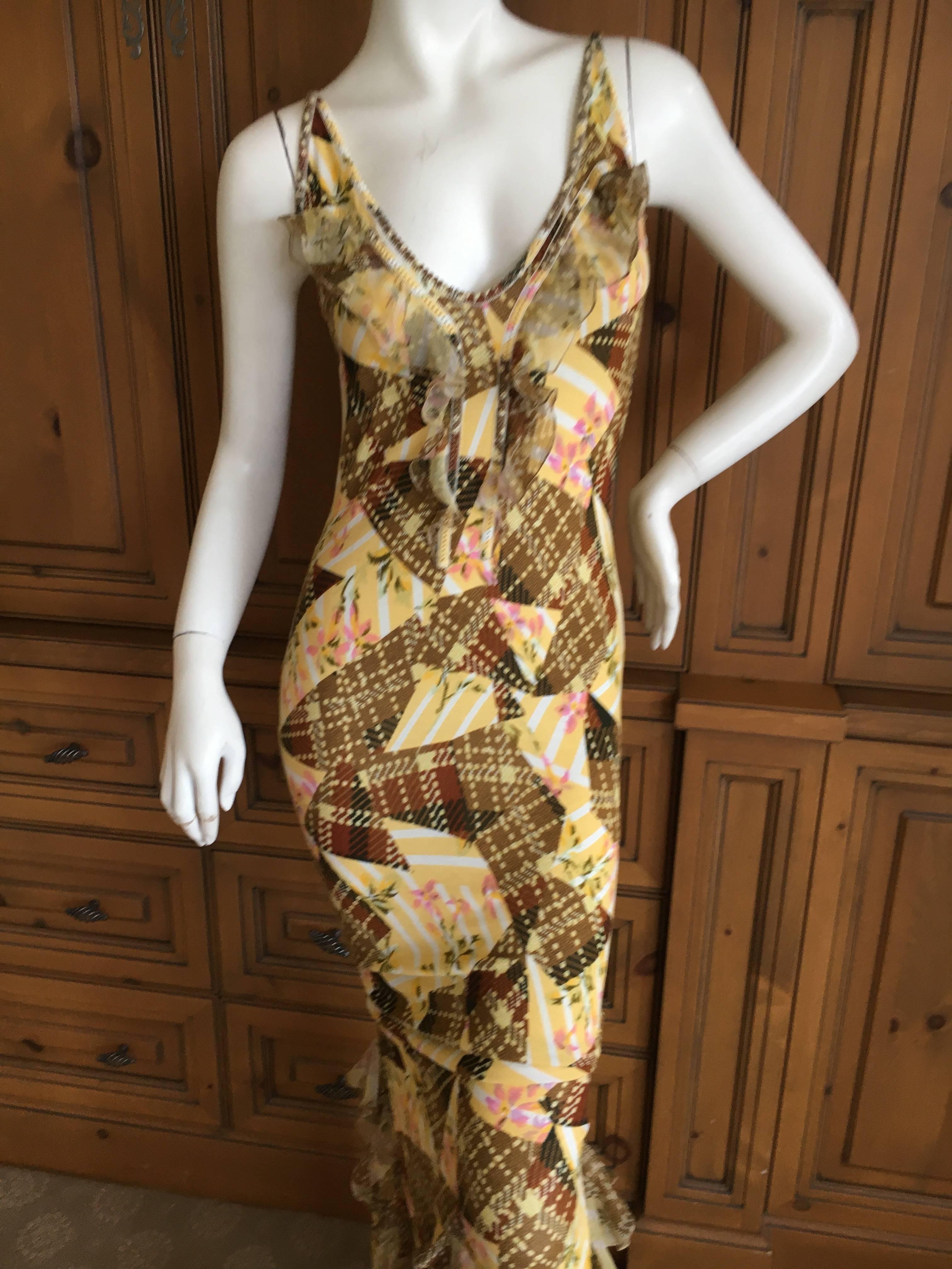 Brown John Galliano Vintage Patchwork Pattern Ruffle Dress For Sale