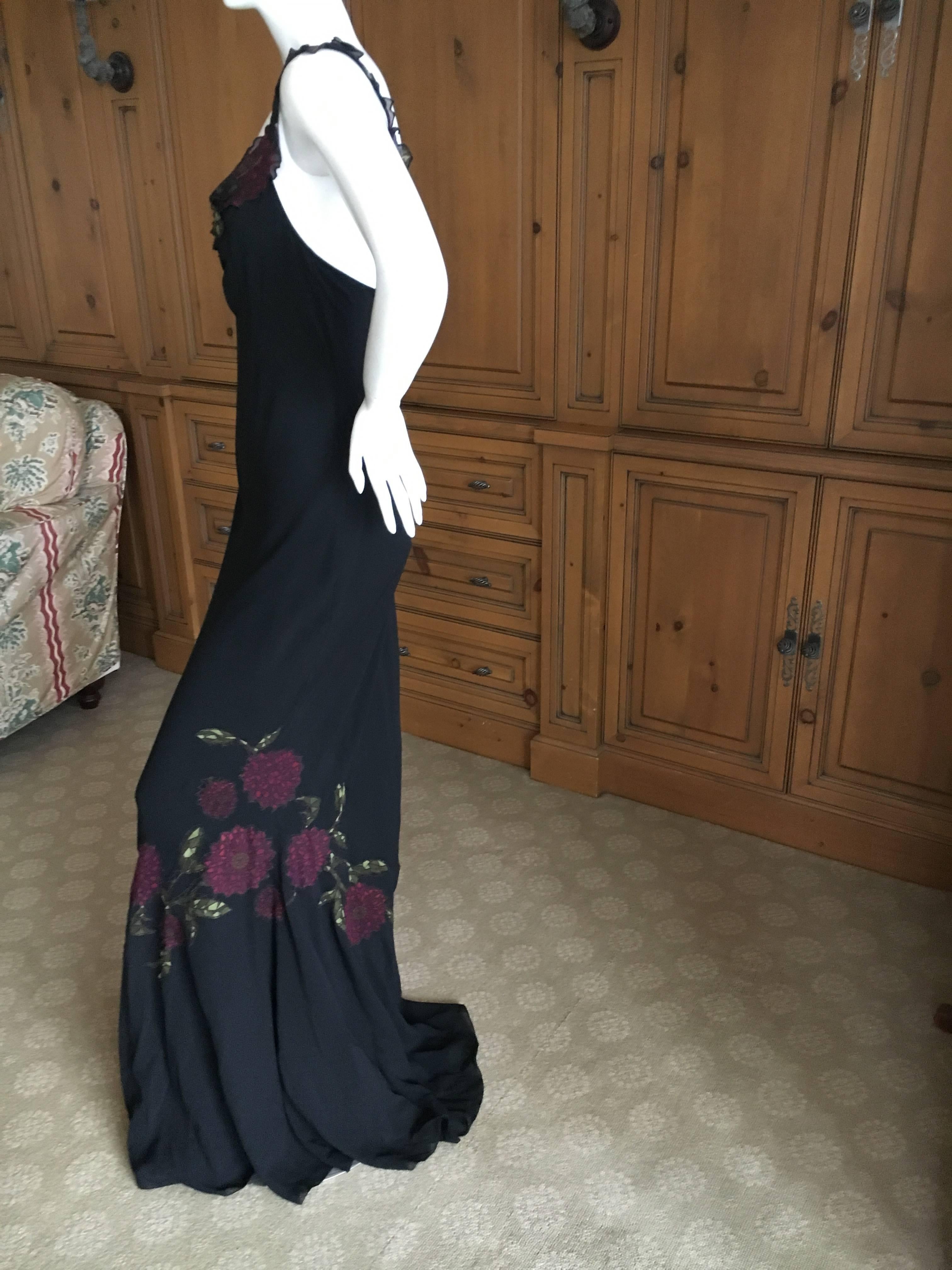 John Galliano Vintage 90's Long Black Bias Cut Evening Dress w Floral Applique For Sale 1