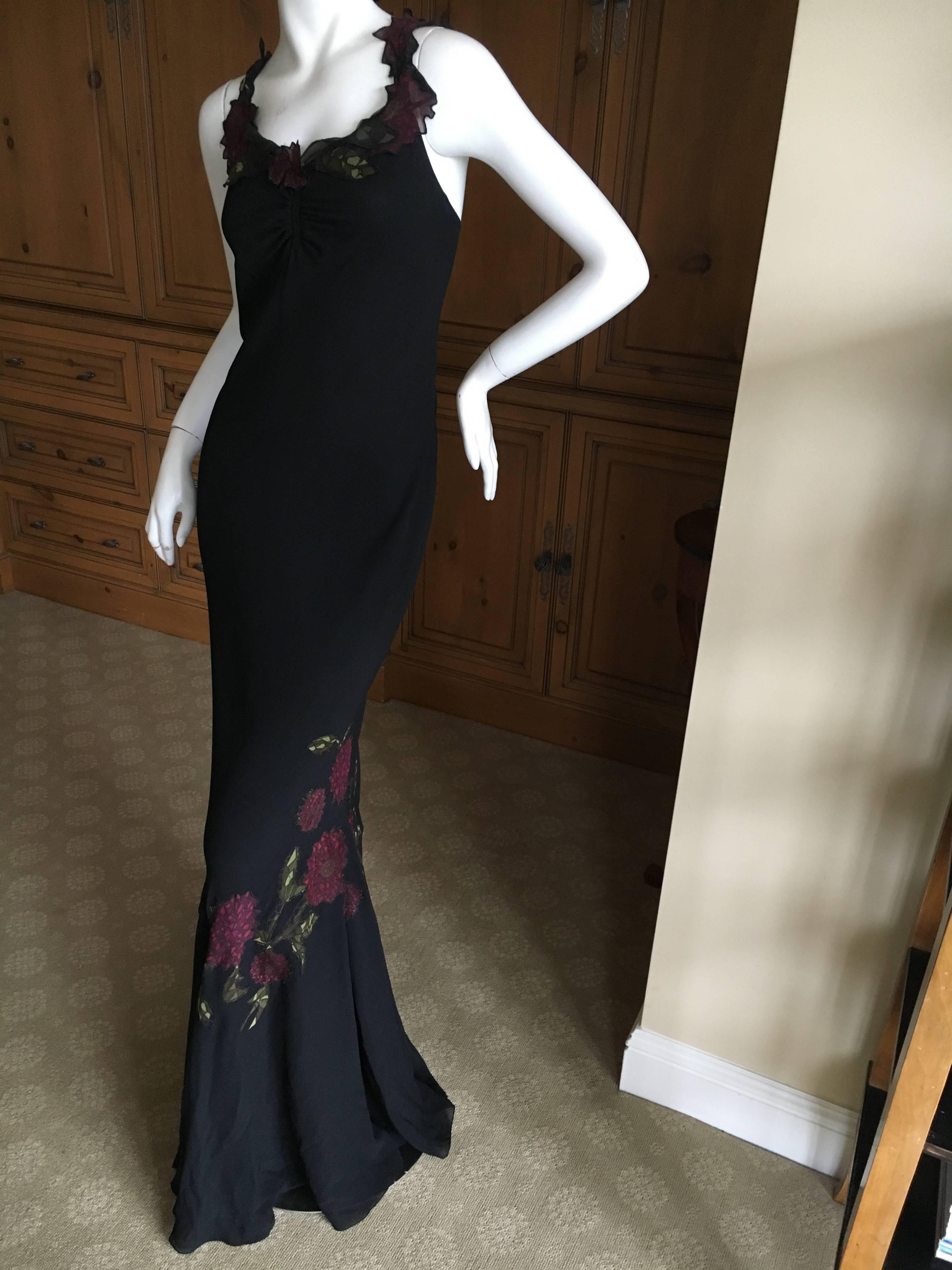 John Galliano Vintage 90's Long Black Bias Cut Evening Dress w Floral Applique For Sale 5