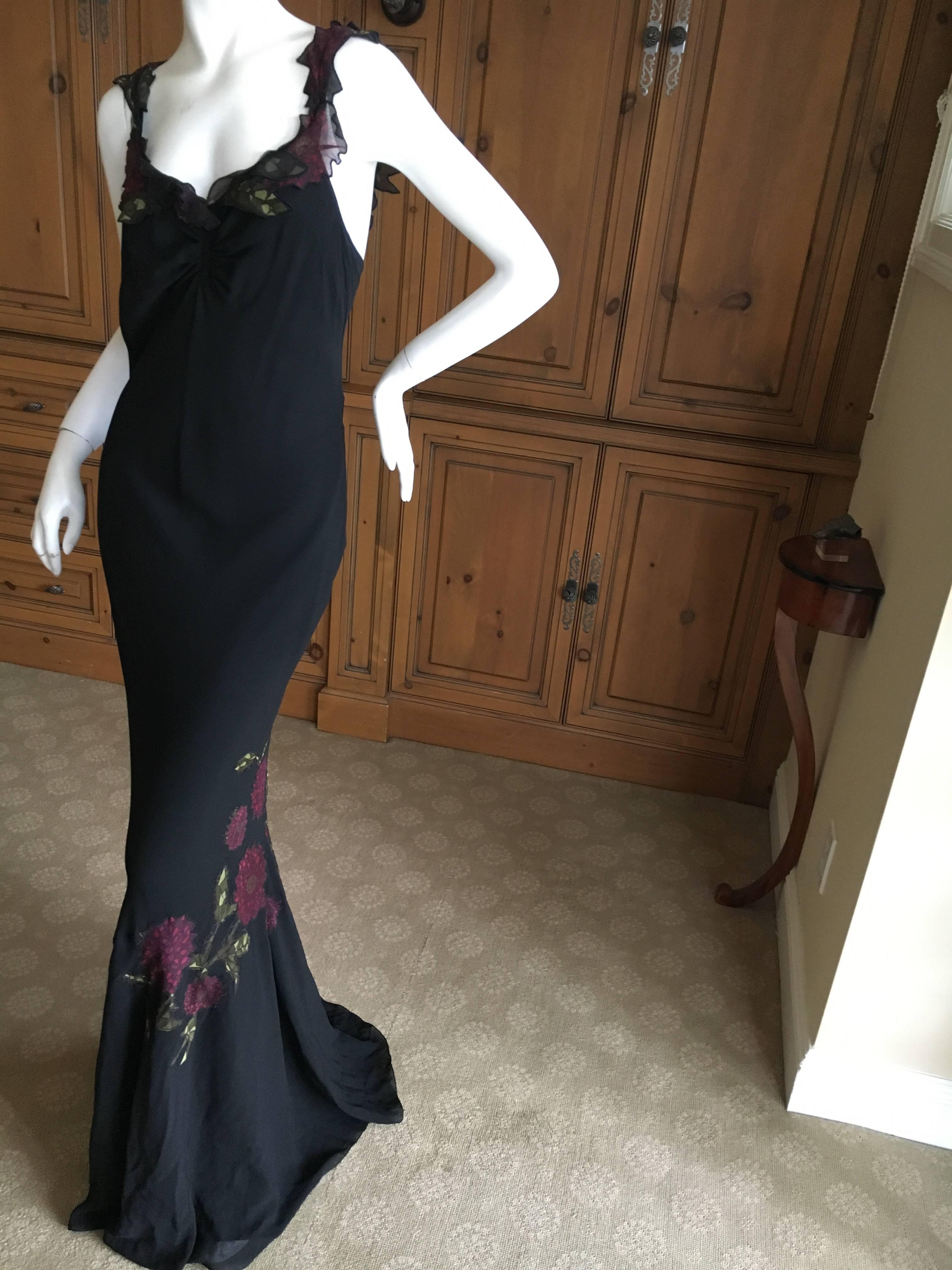 John Galliano Vintage 90's Long Black Bias Cut Evening Dress w Floral Applique In Excellent Condition For Sale In Cloverdale, CA