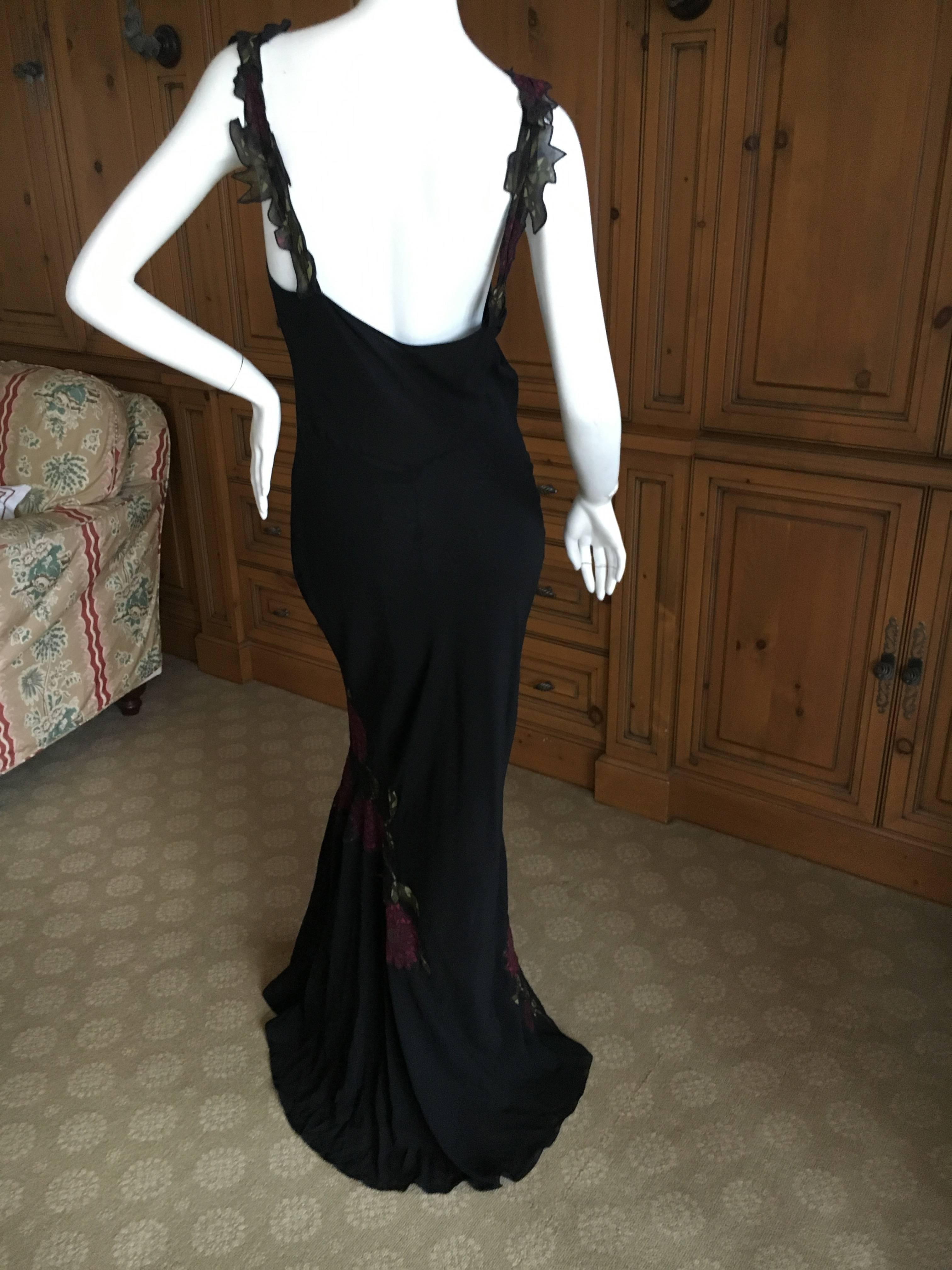 John Galliano Vintage 90's Long Black Bias Cut Evening Dress w Floral Applique For Sale 3