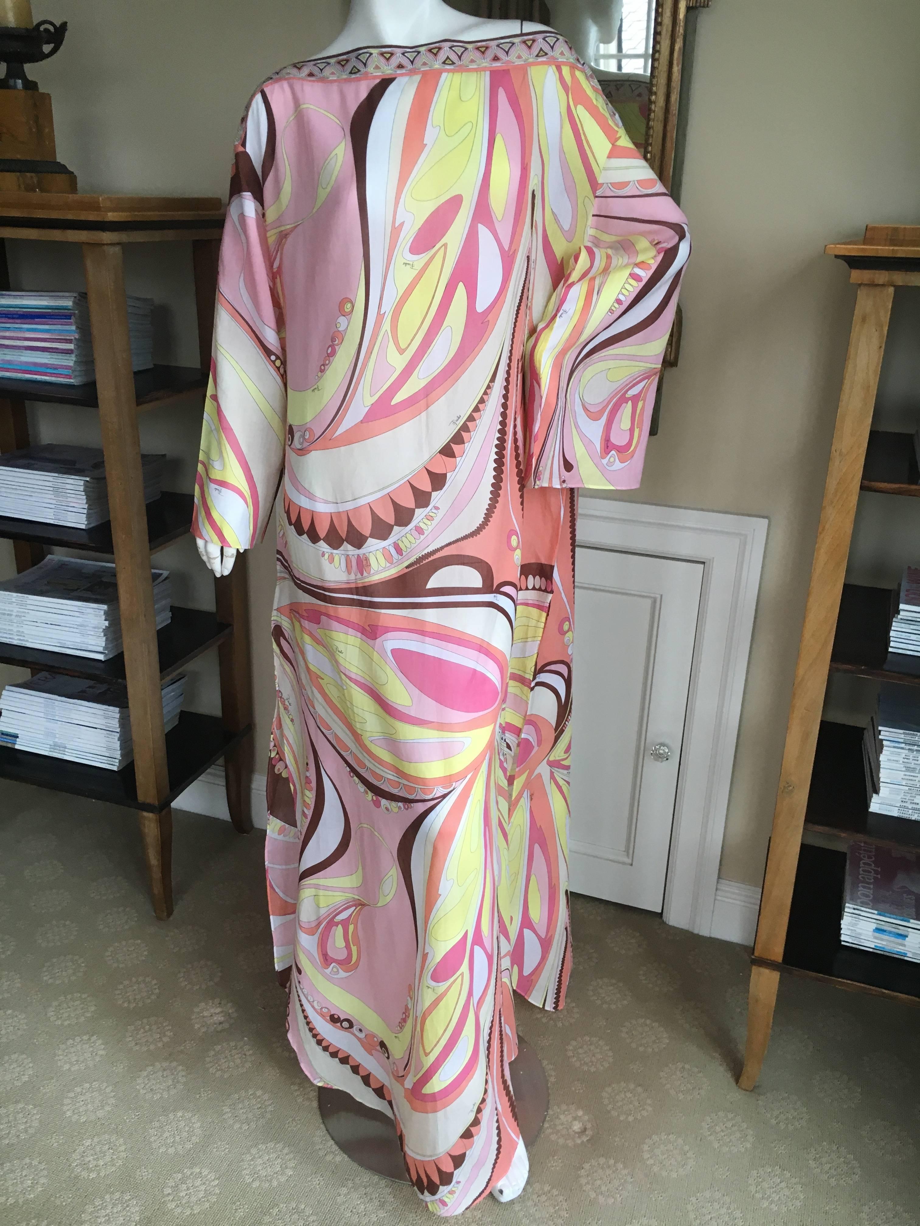 Emilio Pucci Sheer Cotton Beach Cover Caftan with Batteau Neckline In New Condition For Sale In Cloverdale, CA